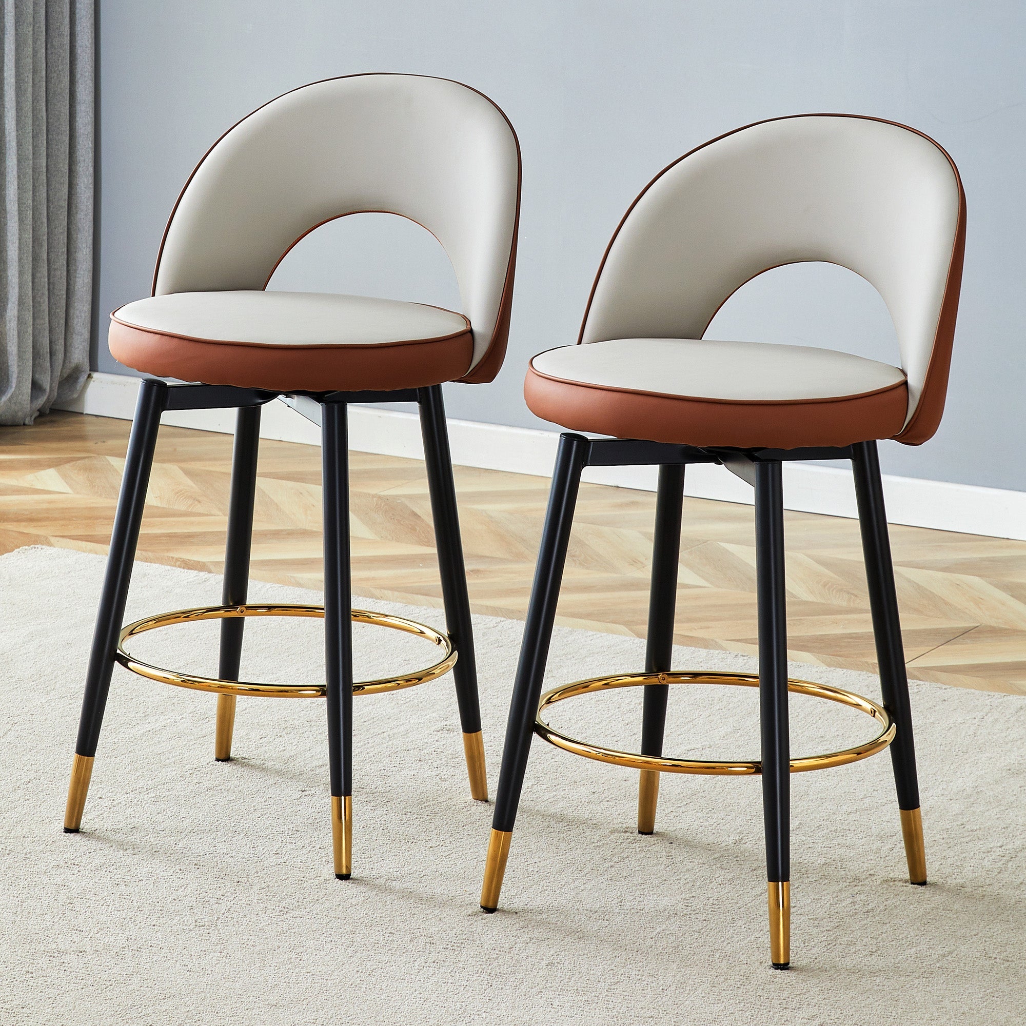 Bar Stool 360° Swivel Padded Set of 2 - PU Light Grey/Brown