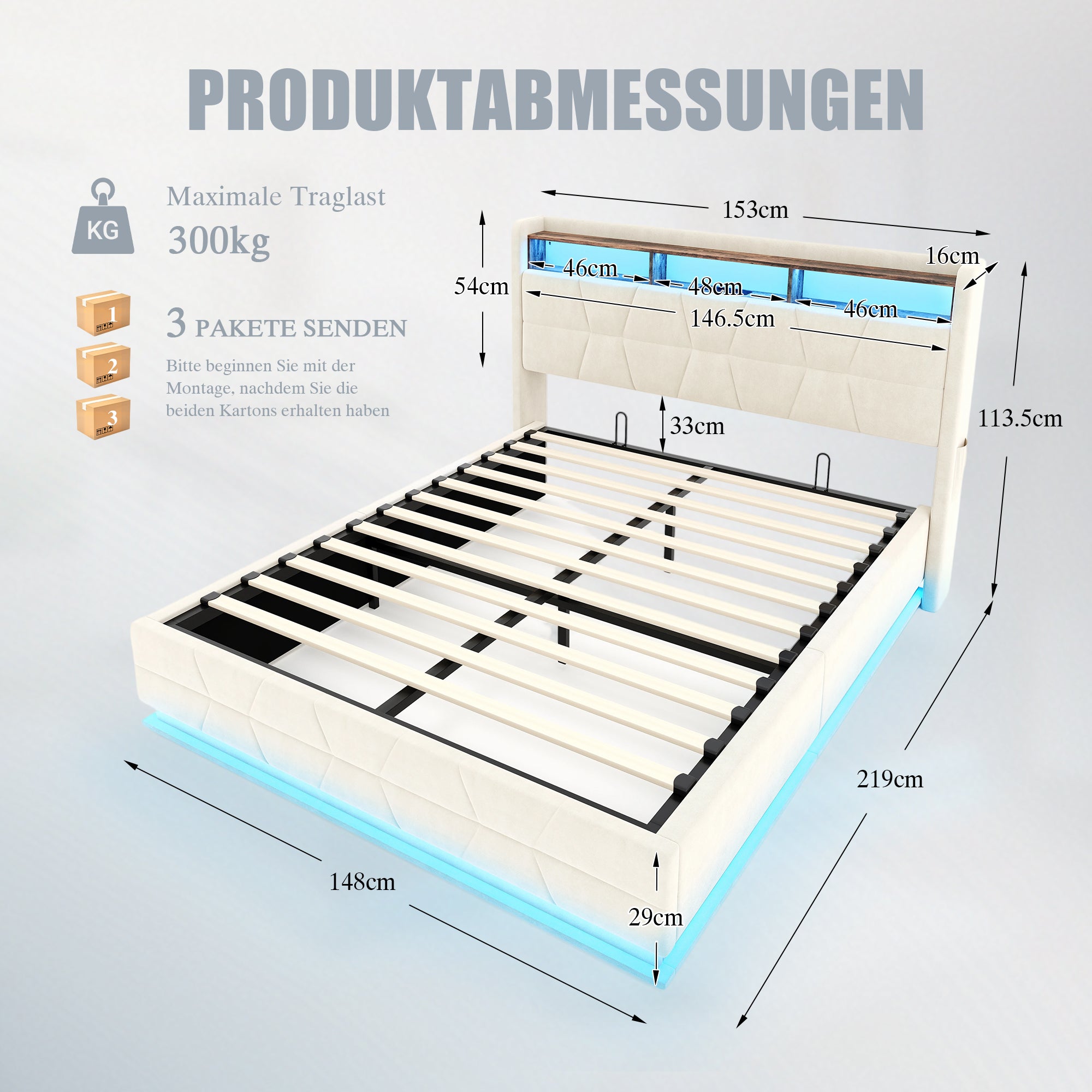 Multifunctional Bed with LED Lighting, Storage Headboard and USB Charging Station, 140x200cm, Beige