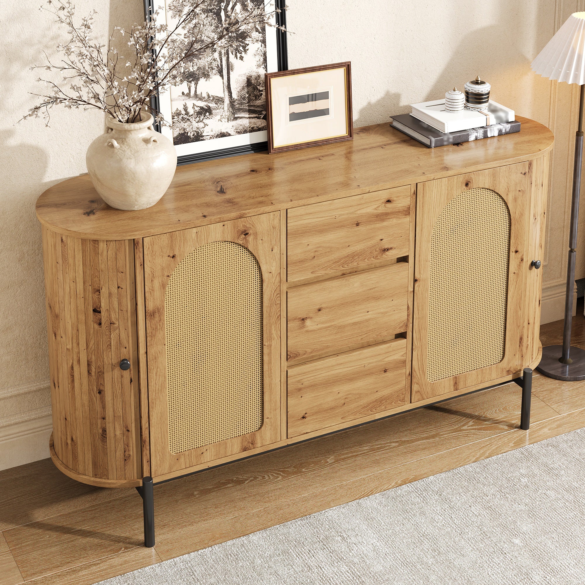 Oval Sideboard with Rattan Sliding Doors and Drawers, Adjustable Compartments and Metal Legs, Wood Look
