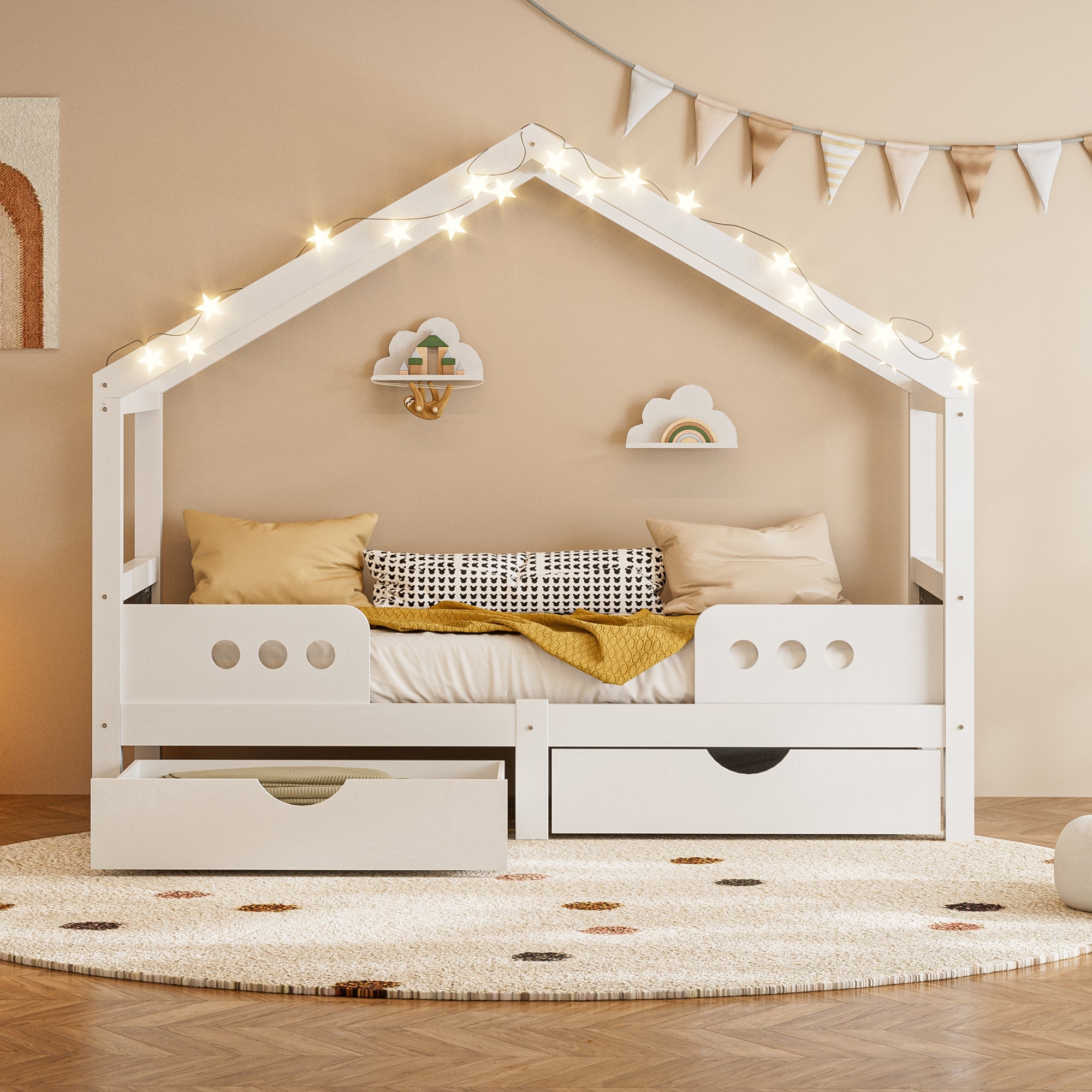Children's Bed, Roof Design with 2 Drawers, UV Varnish Wood+MDF