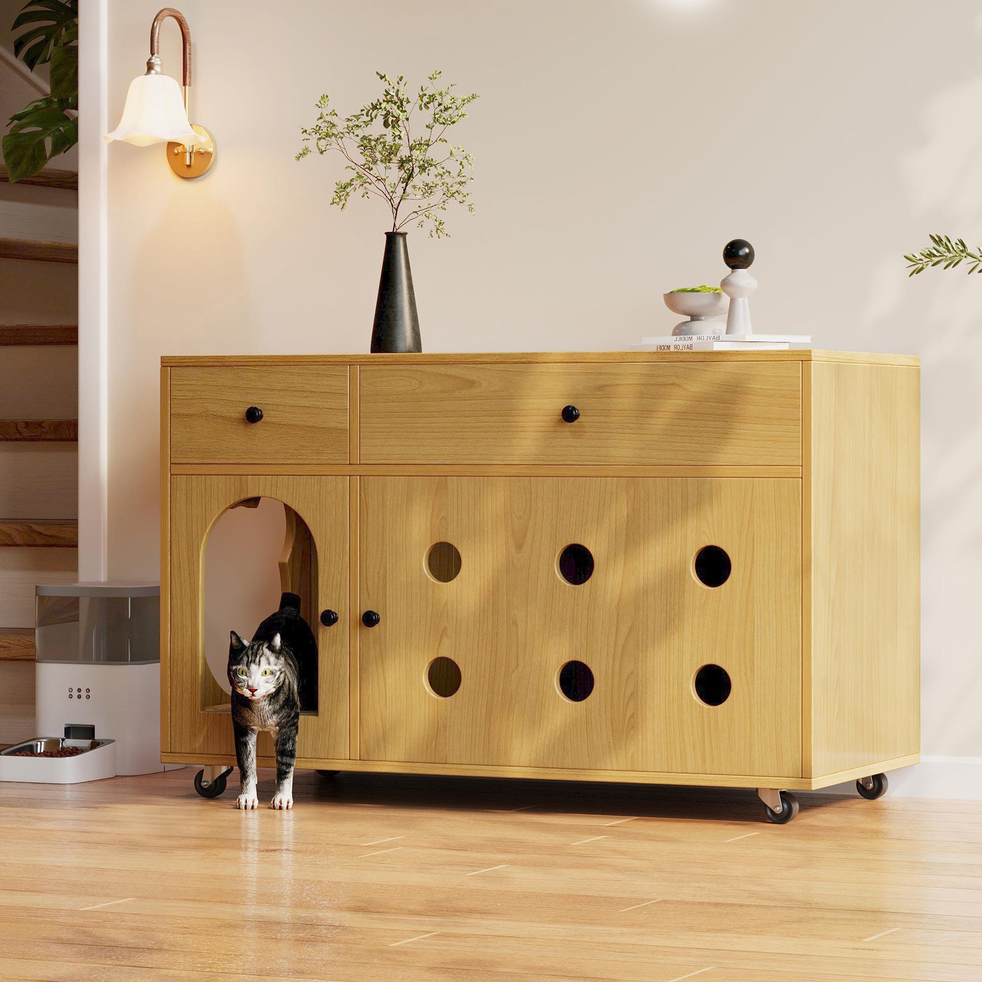 Cat Litter Box Cabinet, Removable Sand Drain, Odor-Insulated, 100x45x66 cm, Natural Wood/Yellow Maple Color