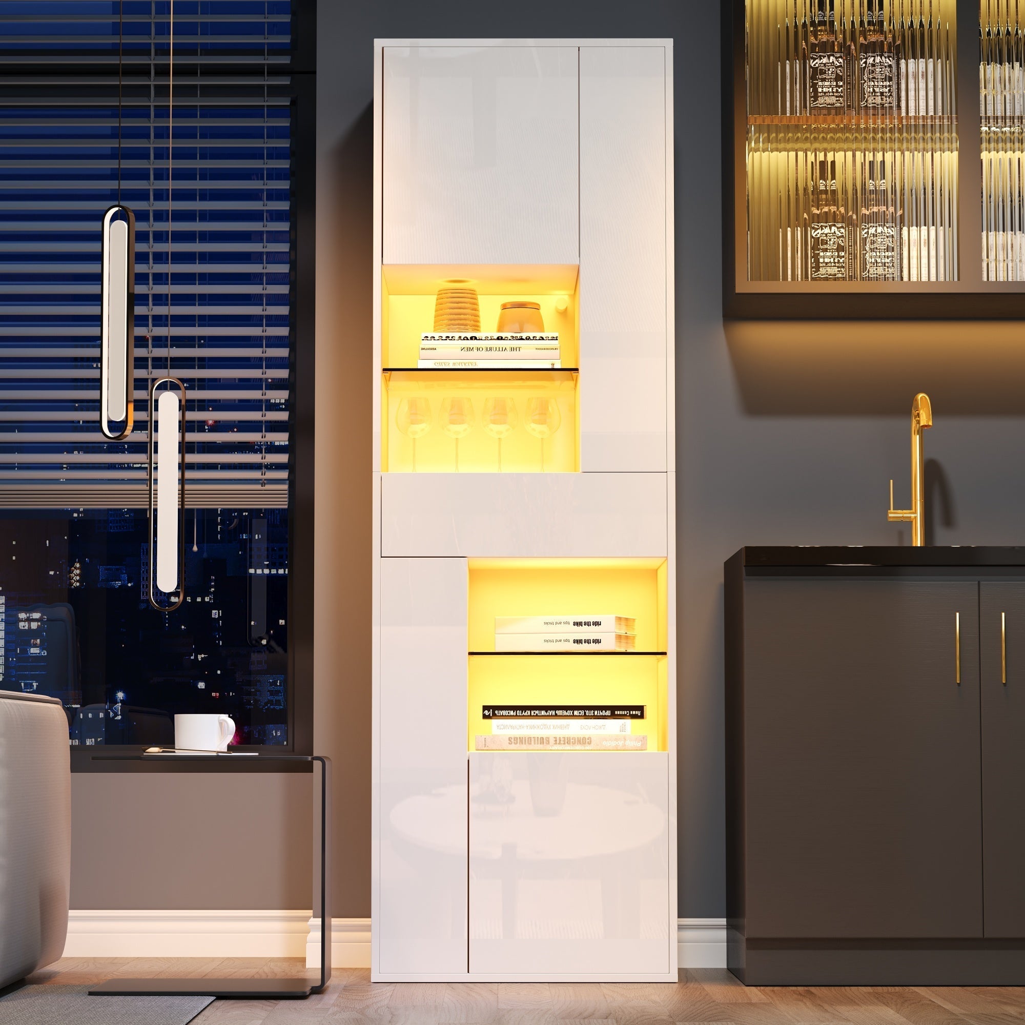 Display Cabinet Tall, LED High-Gloss 1 Drawer 4 Cabinets 55x38x170cm, White
