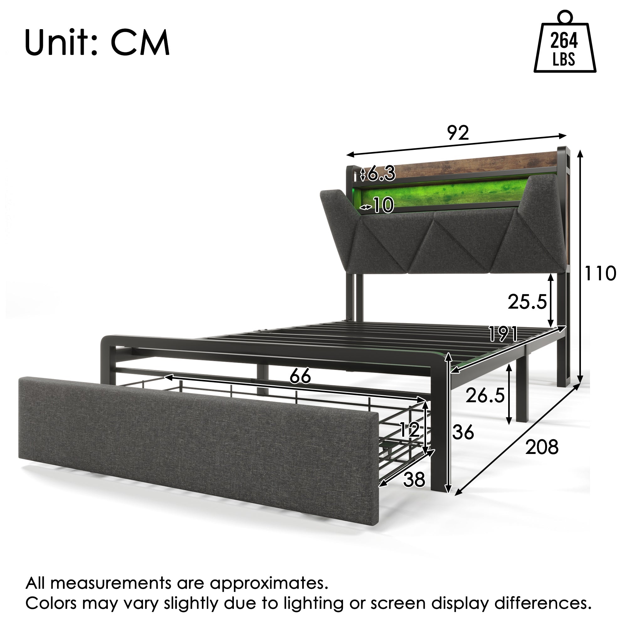 Upholstered Single Bed with LED Lighting, USB Type-C Charging Function, Storage Headboard and Drawers, Linen, Grey