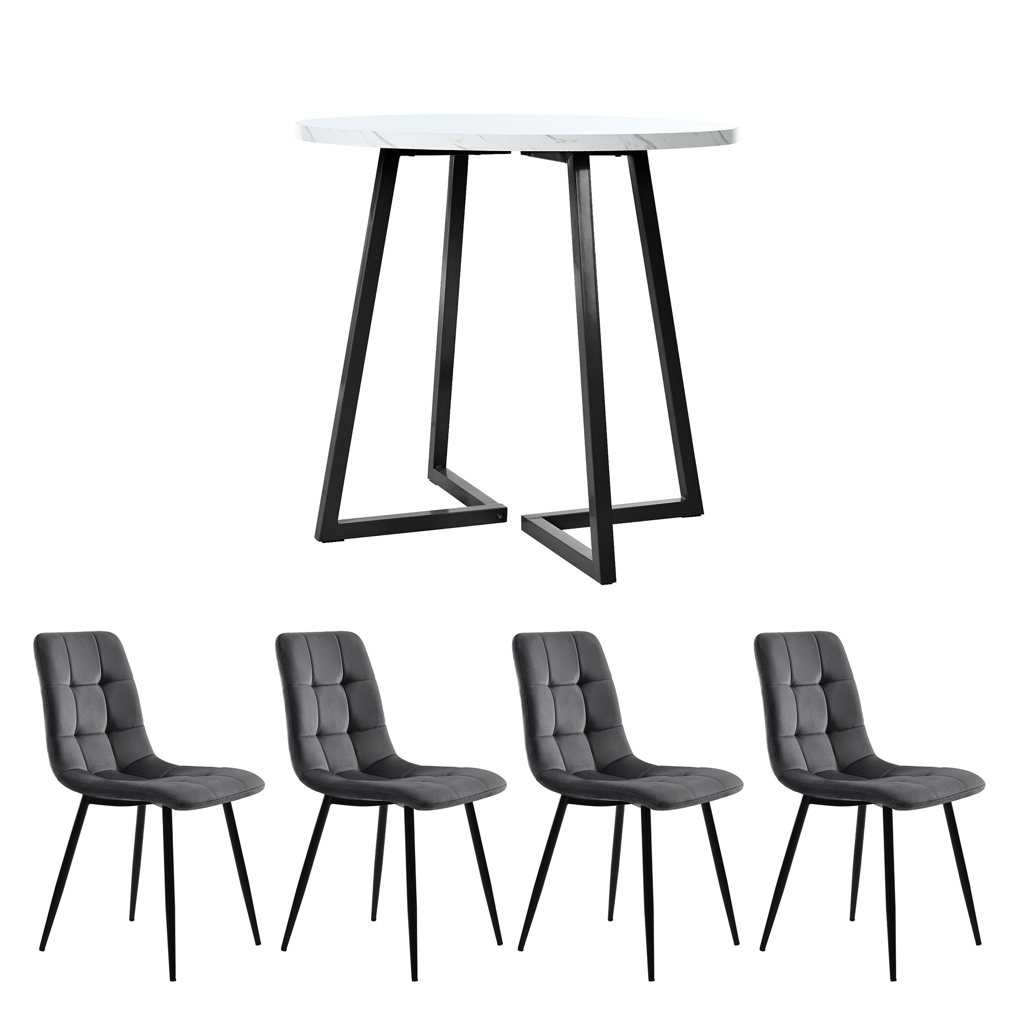 5-Piece Dining Set Round 80cm Table 4 Chairs Black Metal Legs White MDF Dark Grey Velvet