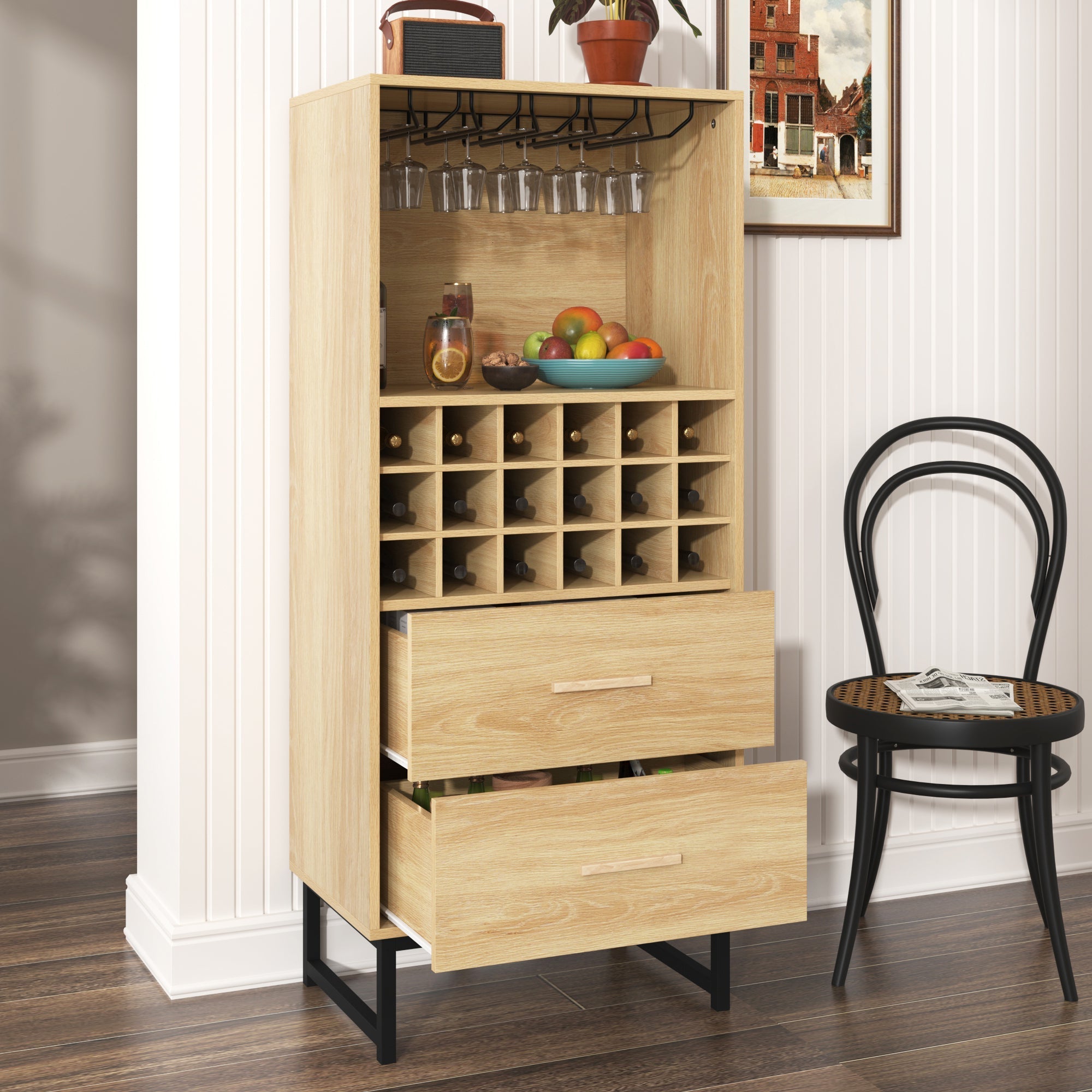Wine Cabinet 2 Drawers 18 Compartments Glass Holder Matte Black Metal