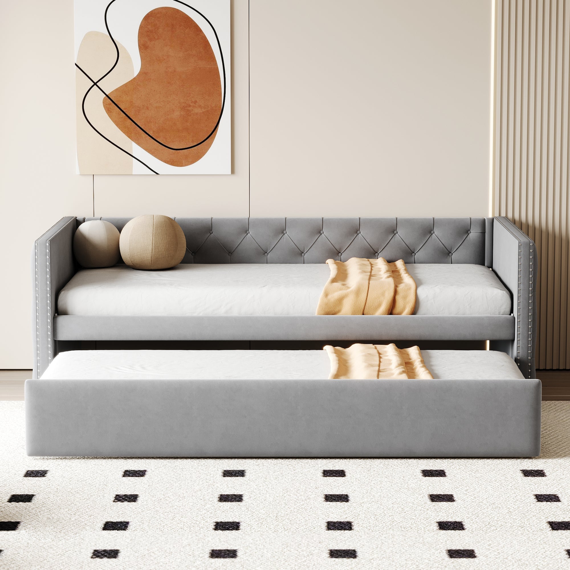 Extendable Sofa Bed with Slatted Base and Guest Bed Function, 90x200cm, Light Grey Velvet