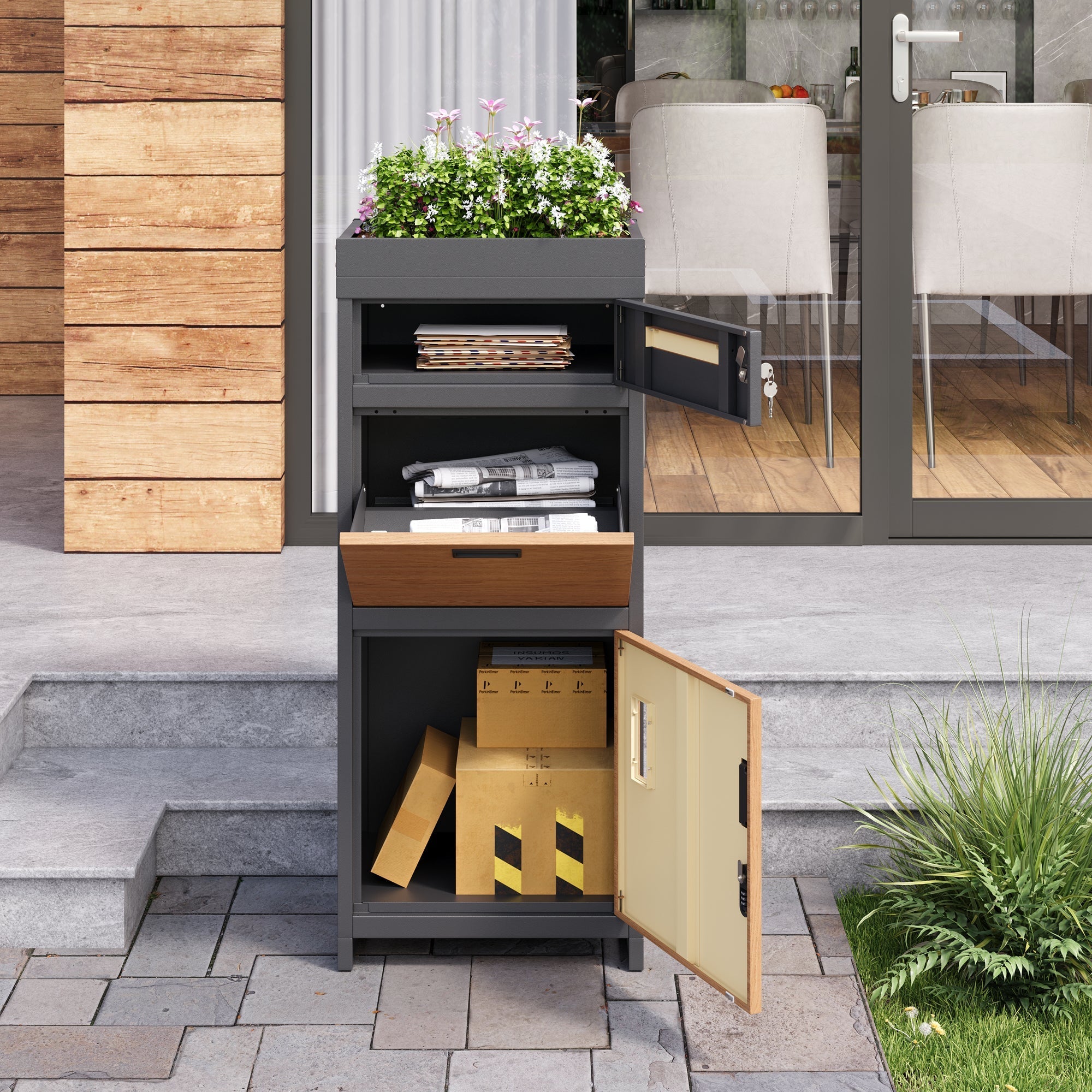 Parcel Mailbox with Combination Lock and Flower Bed, Integrated Lockable Storage Cabinet, Metal