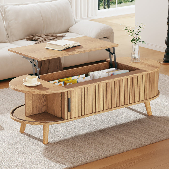 Liftable Coffee Table Hidden Storage 5 Shelves Original Wood Color