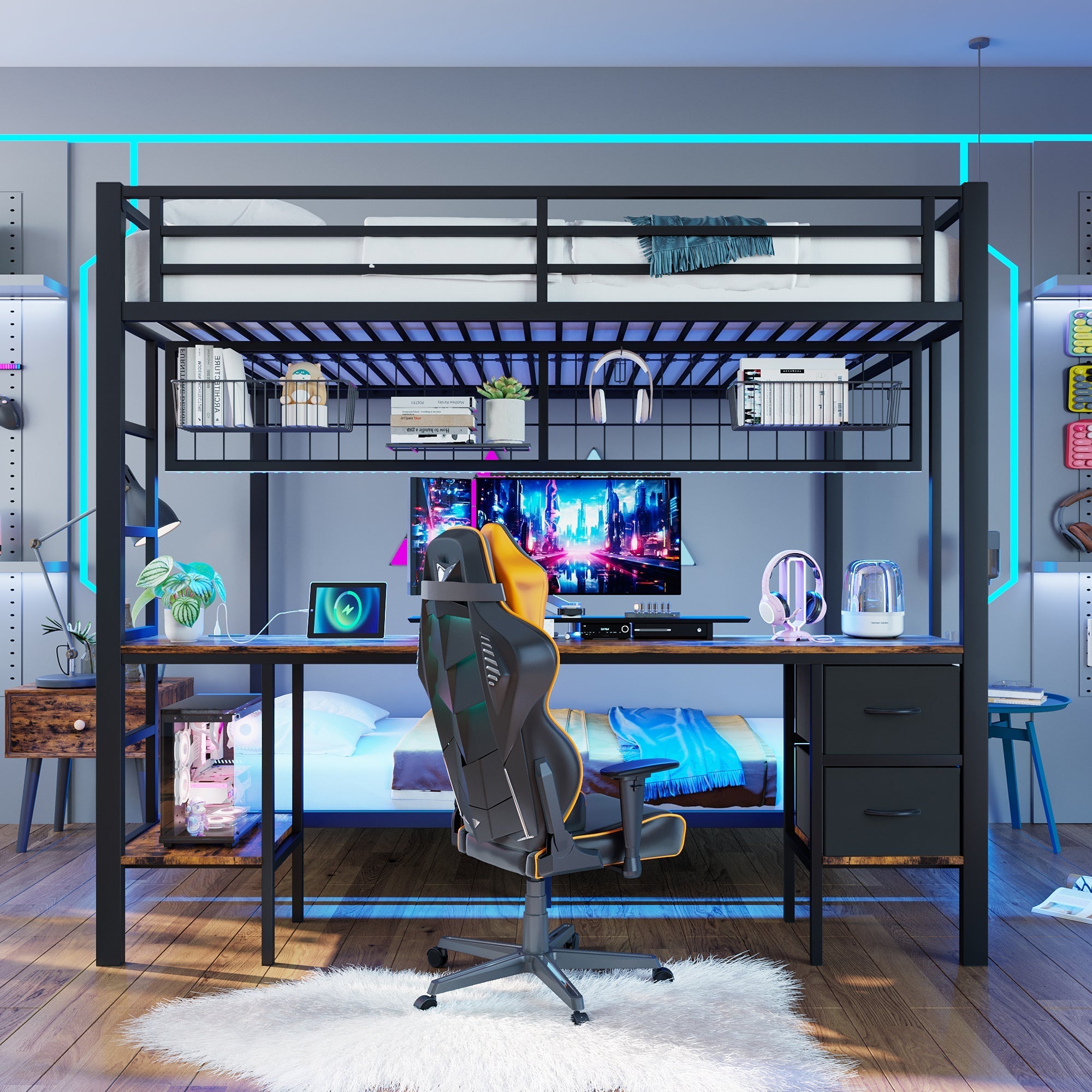 Loft Bed 90x200/140x200 Iron Frame Drawers Desk Storage LED USB Black