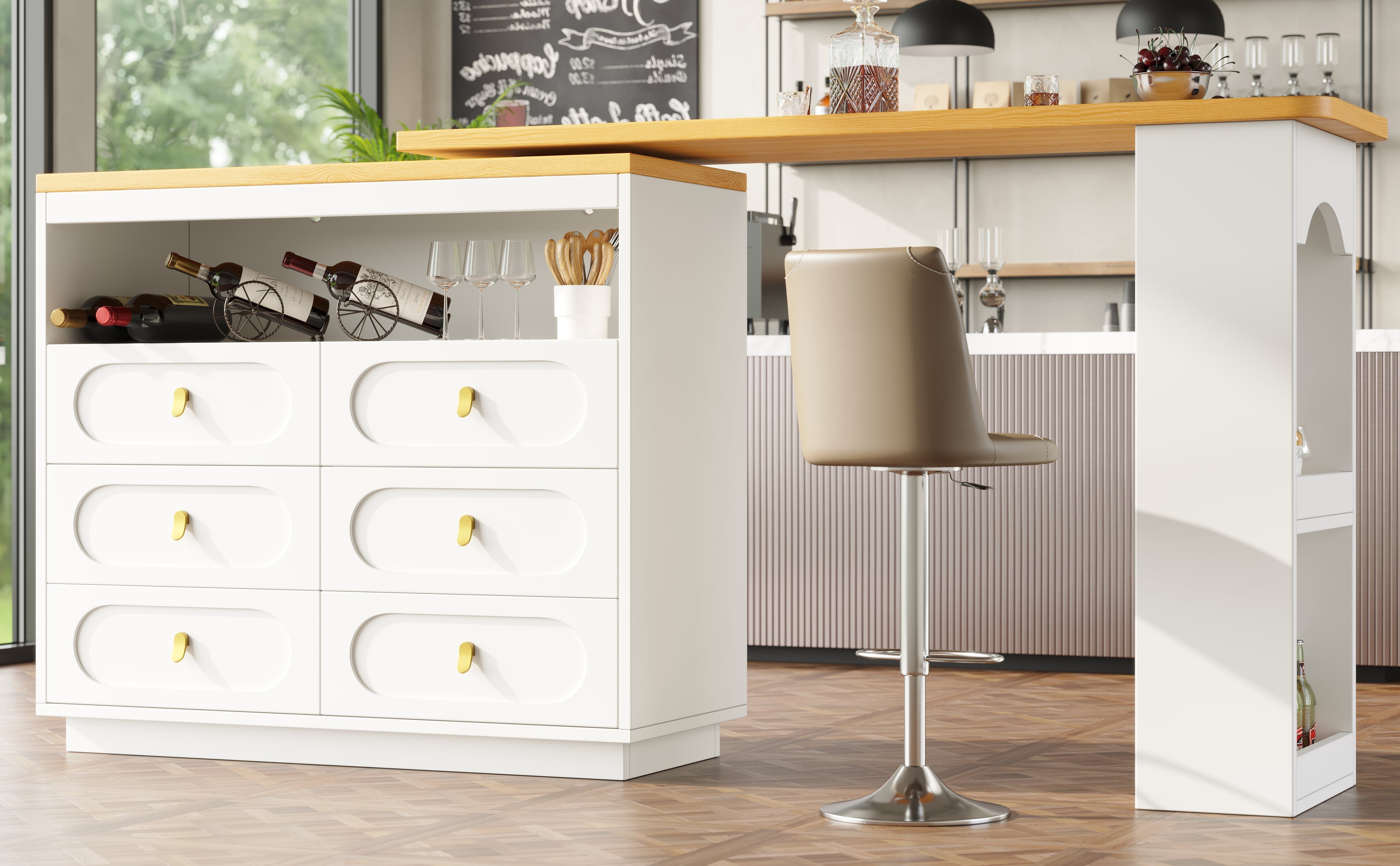 Extendable Rolling Bar Table 360° Swivel Storage Drawers - White