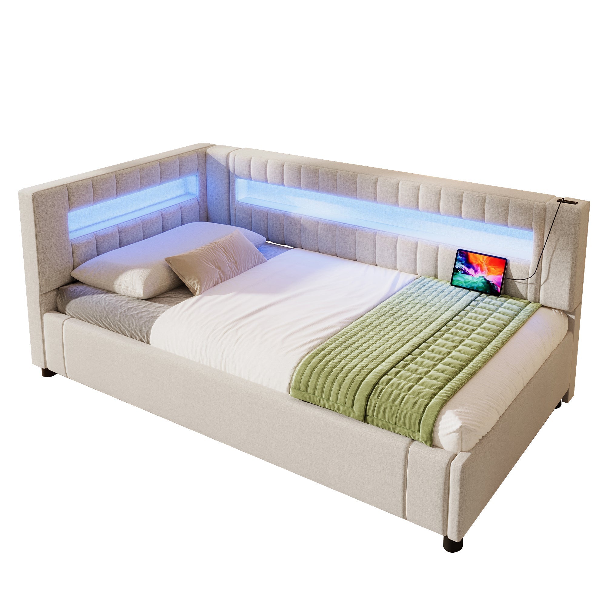 Daybed Sofa Bed 90x200cm Hydraulic Storage LED USB/Type-C - Linen Beige