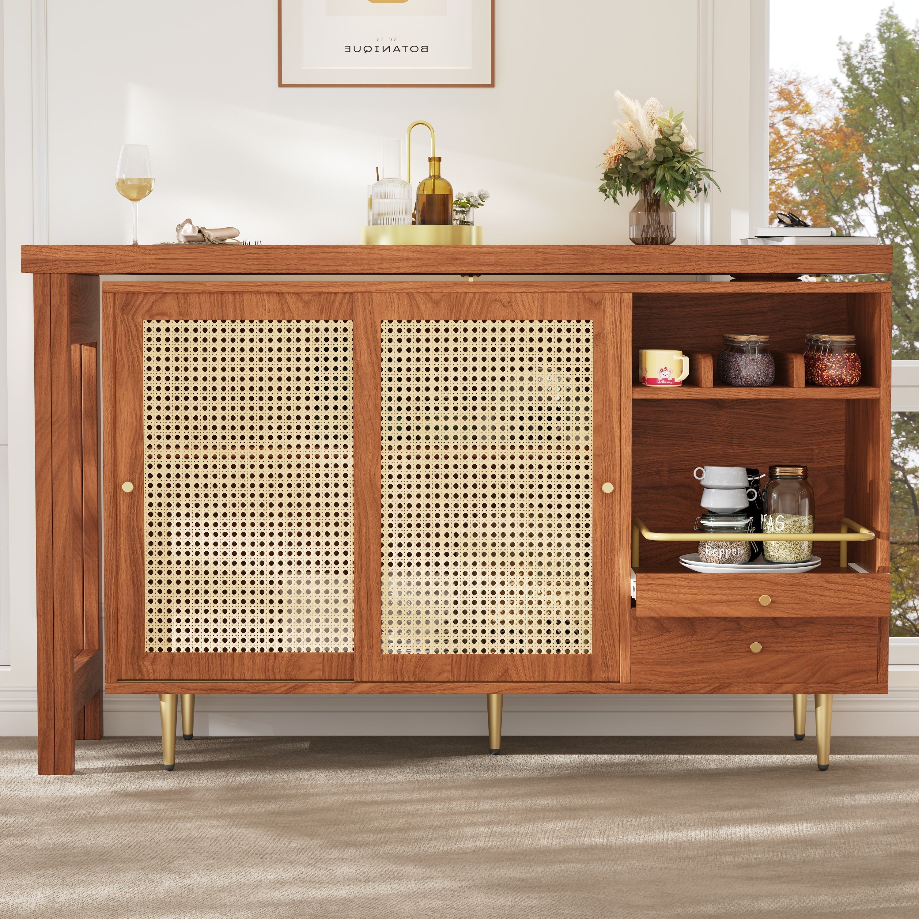 360° Rotating Bar Table Extendable Storage Rattan Door Brown