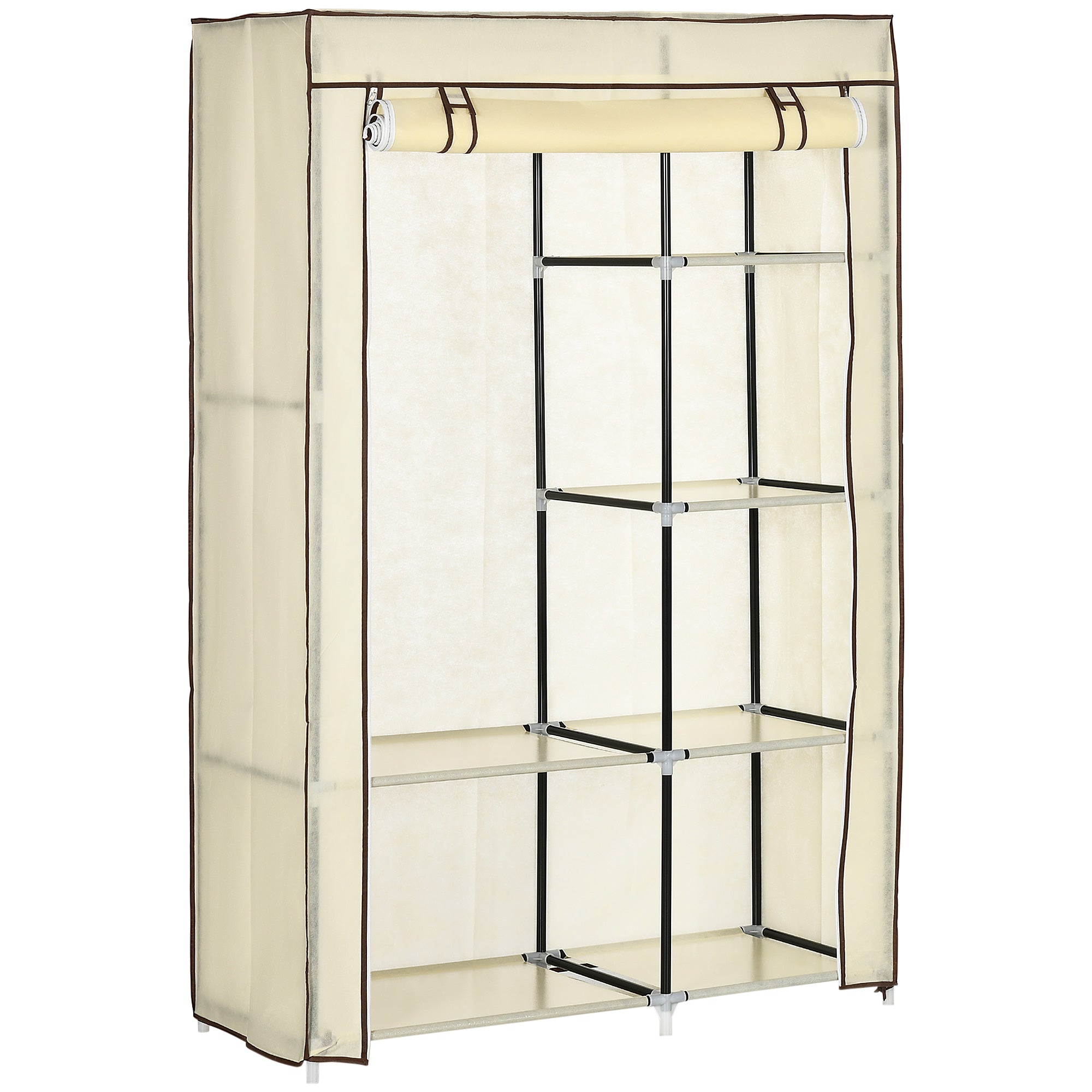 Kleiderschrank faltbar, 2 Kleiderstangen & 6 Fächer, Stoff Creme