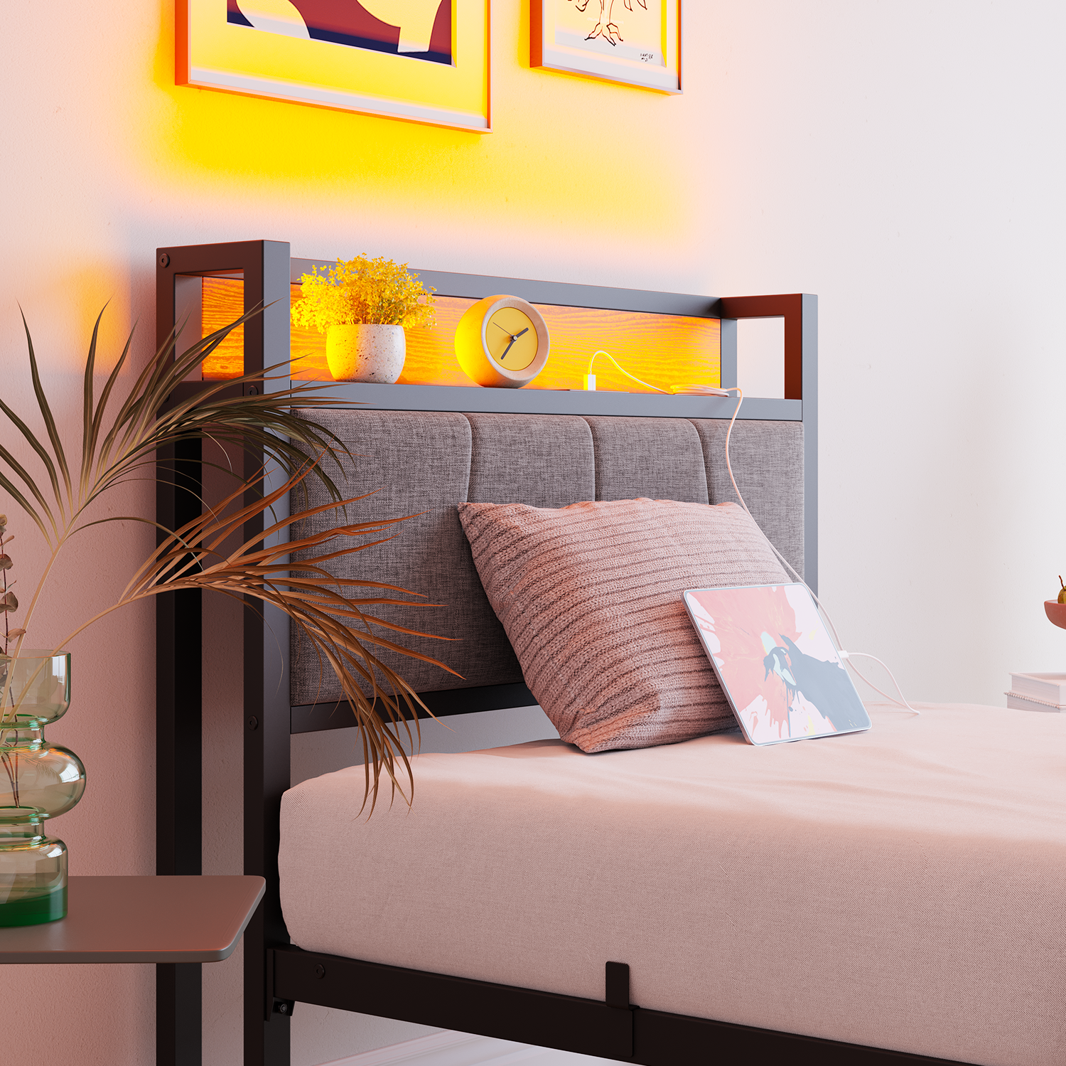 90x200cm Bed Frame Smart LED Lights USB Charging Headboard - Metal