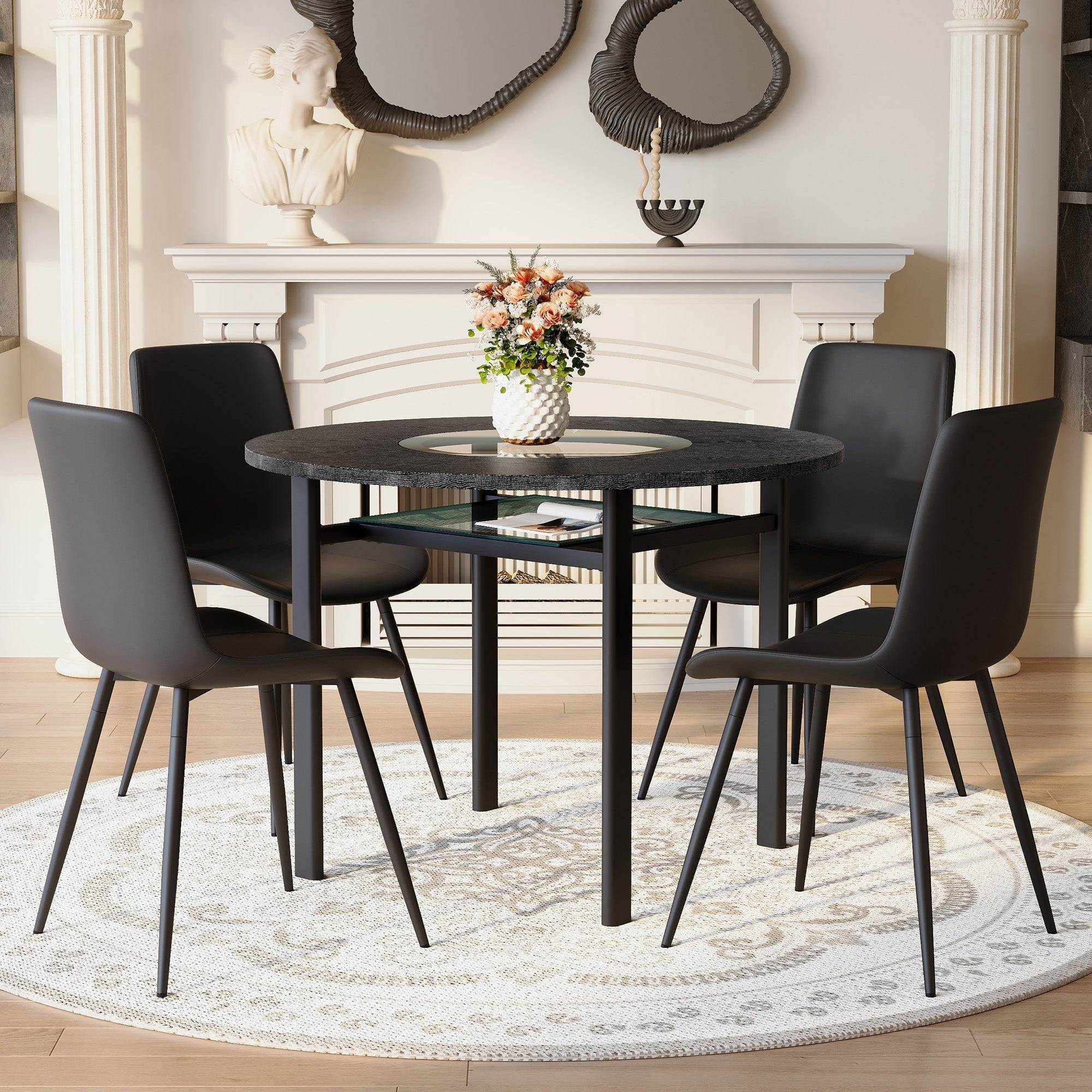 Minimalist Round Table Set 100cm with 4 PU Armchairs - Black Wood Look