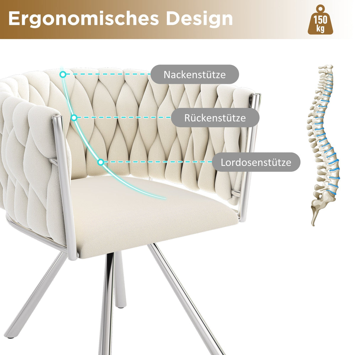 Velvet Dining Chair Set of 6 Swivel Metal Legs - Beige/Silver