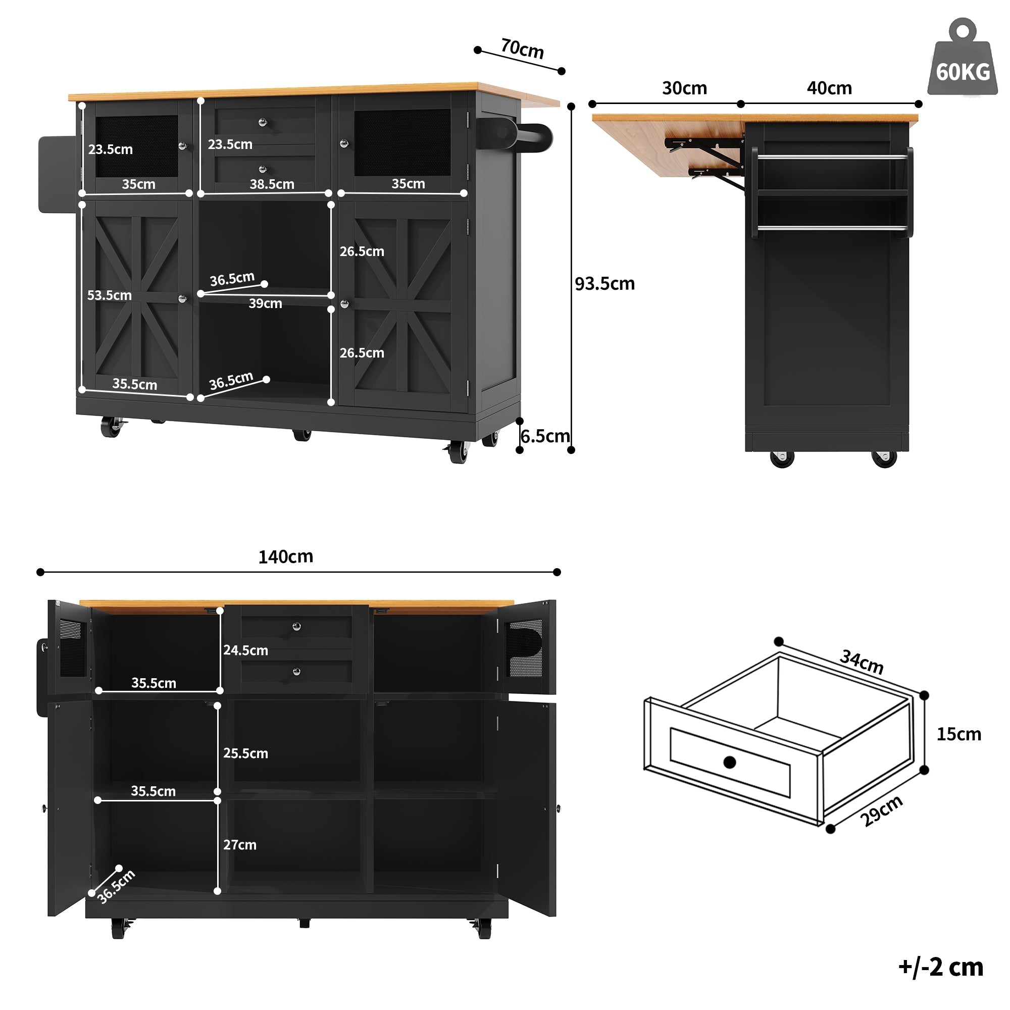 Kitchen Island Trolley Sideboard with Worktop Towel Rail Adjustable Storage Black