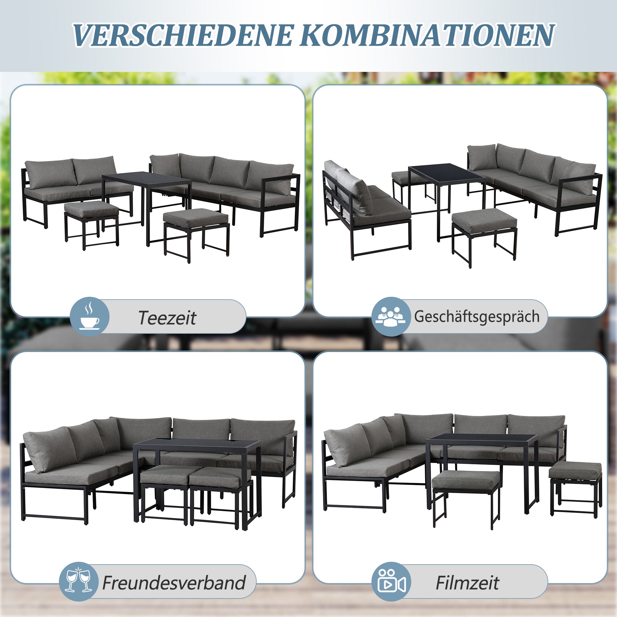 Garden Lounge Chair Set Aluminum 4-Way Reclining Adjustable Backrest with Cushions - Grey