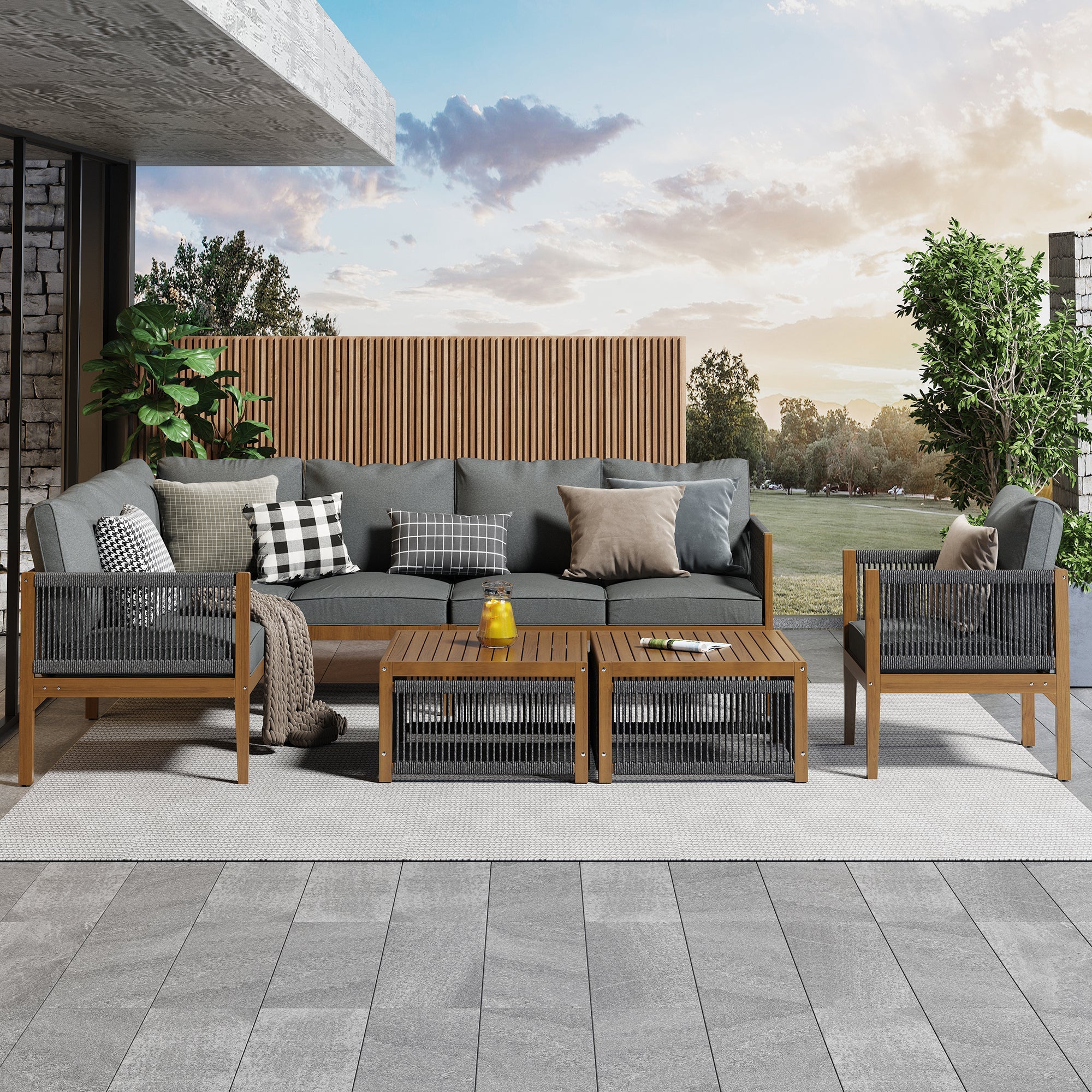 Garden Lounge Set for 7-8 People with Sofa, Table and Washable Cushions, Natural and Grey