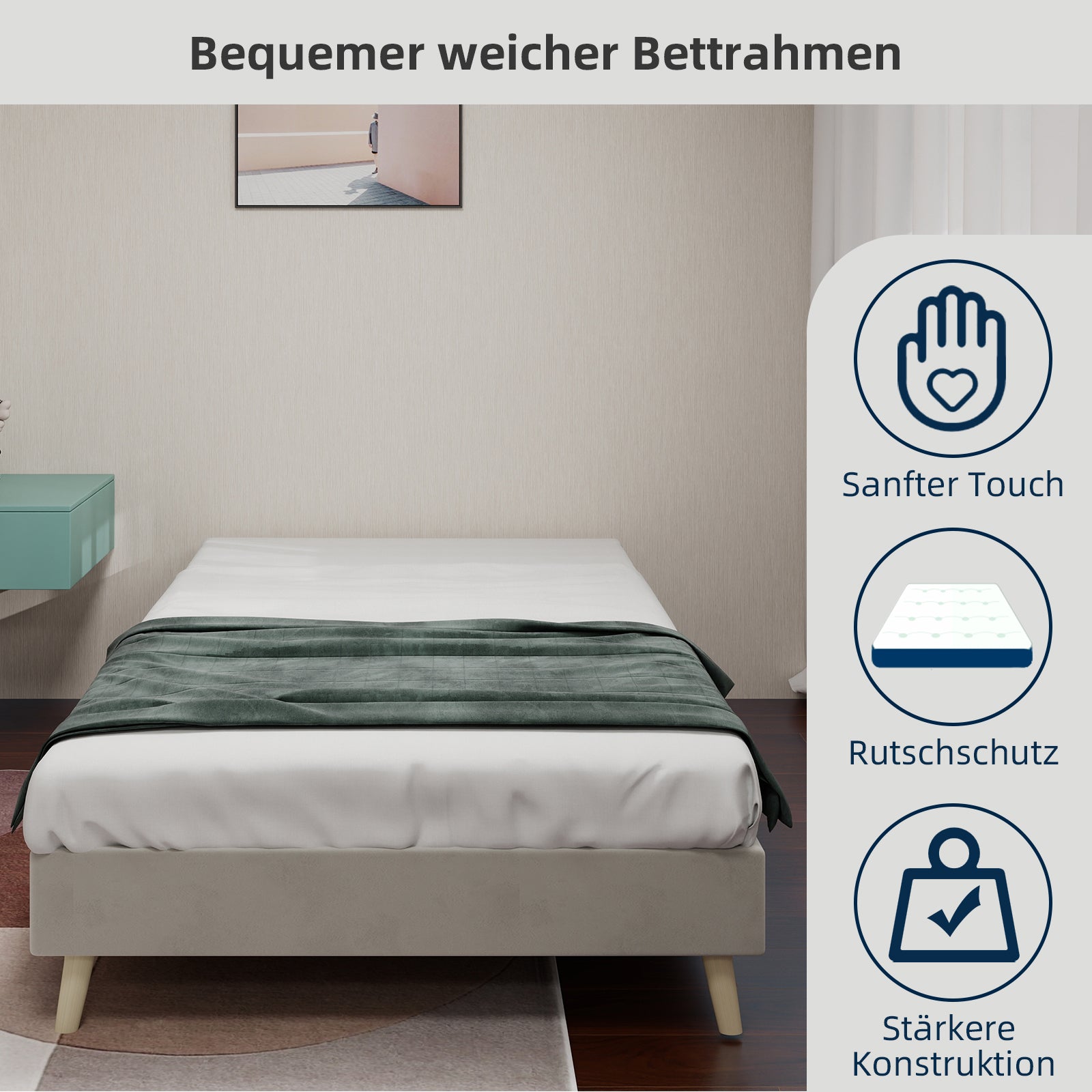 Modern Minimalist Bed Frame, 90x200 cm, Low-Profile, Dutch Velvet Beige