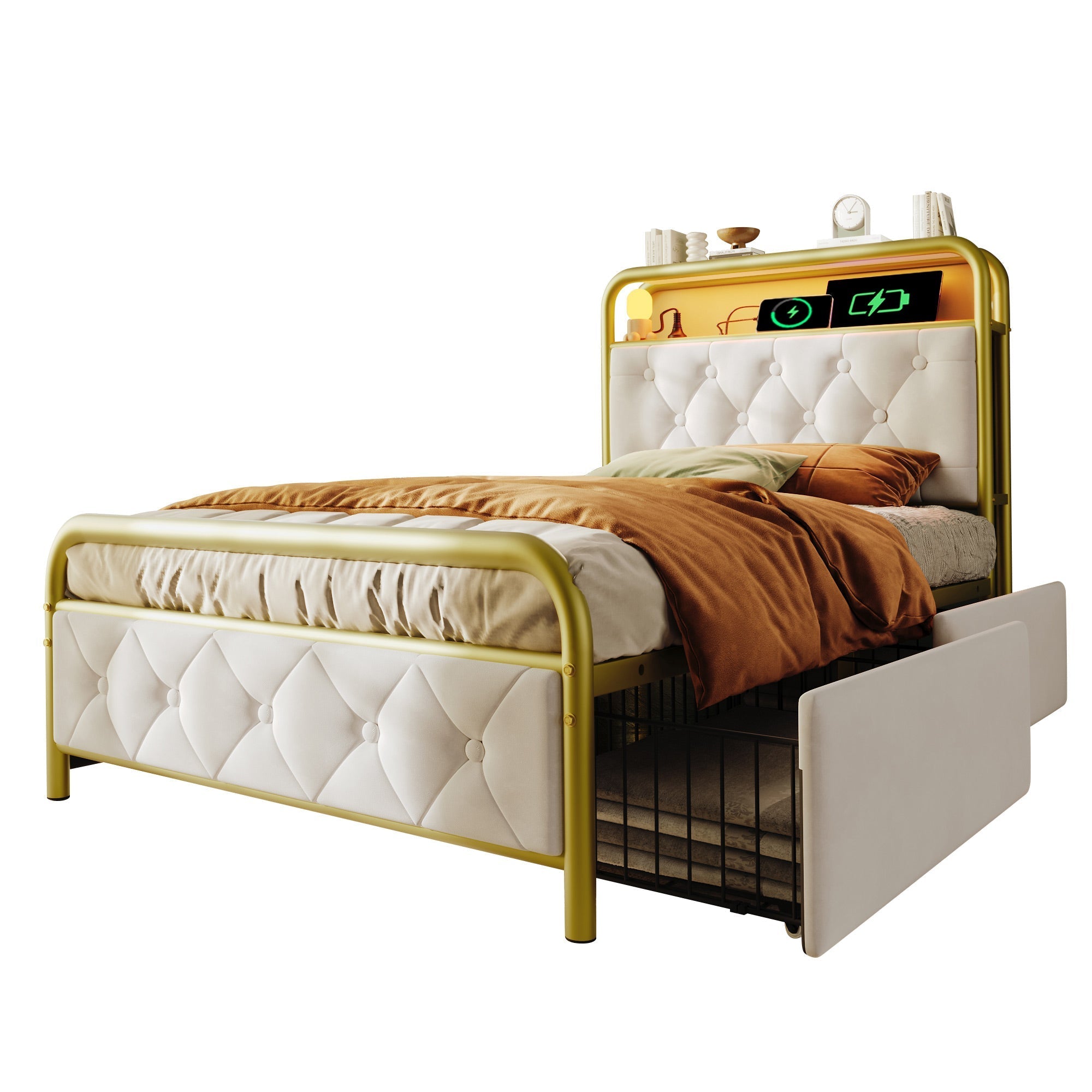 Upholstered Single Bed with USB Type C & LED, 90x200, 2 Drawers, Velvet