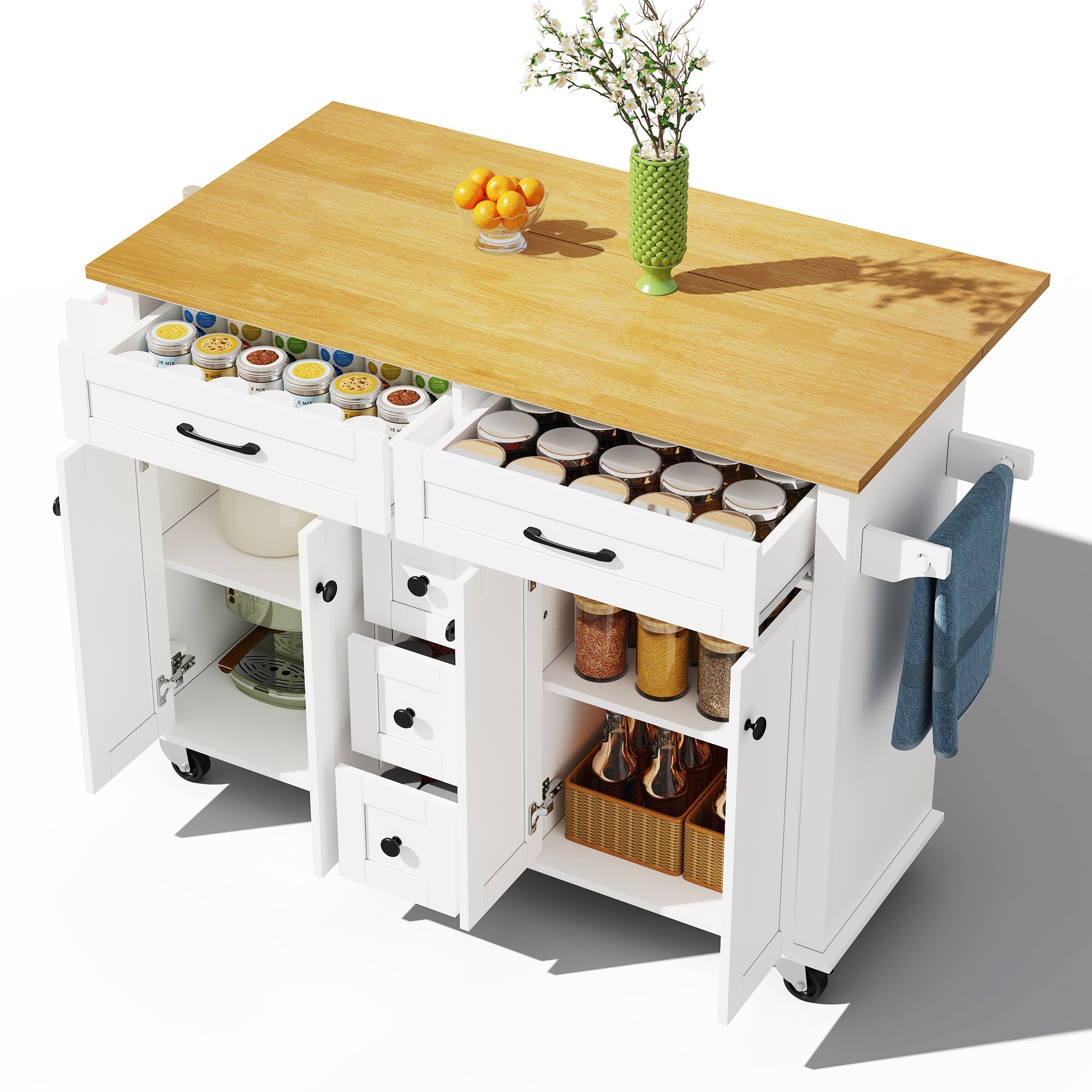 Multifunctional Kitchen Island Extendable Worktop 5 Drawers Storage Racks on Wheels