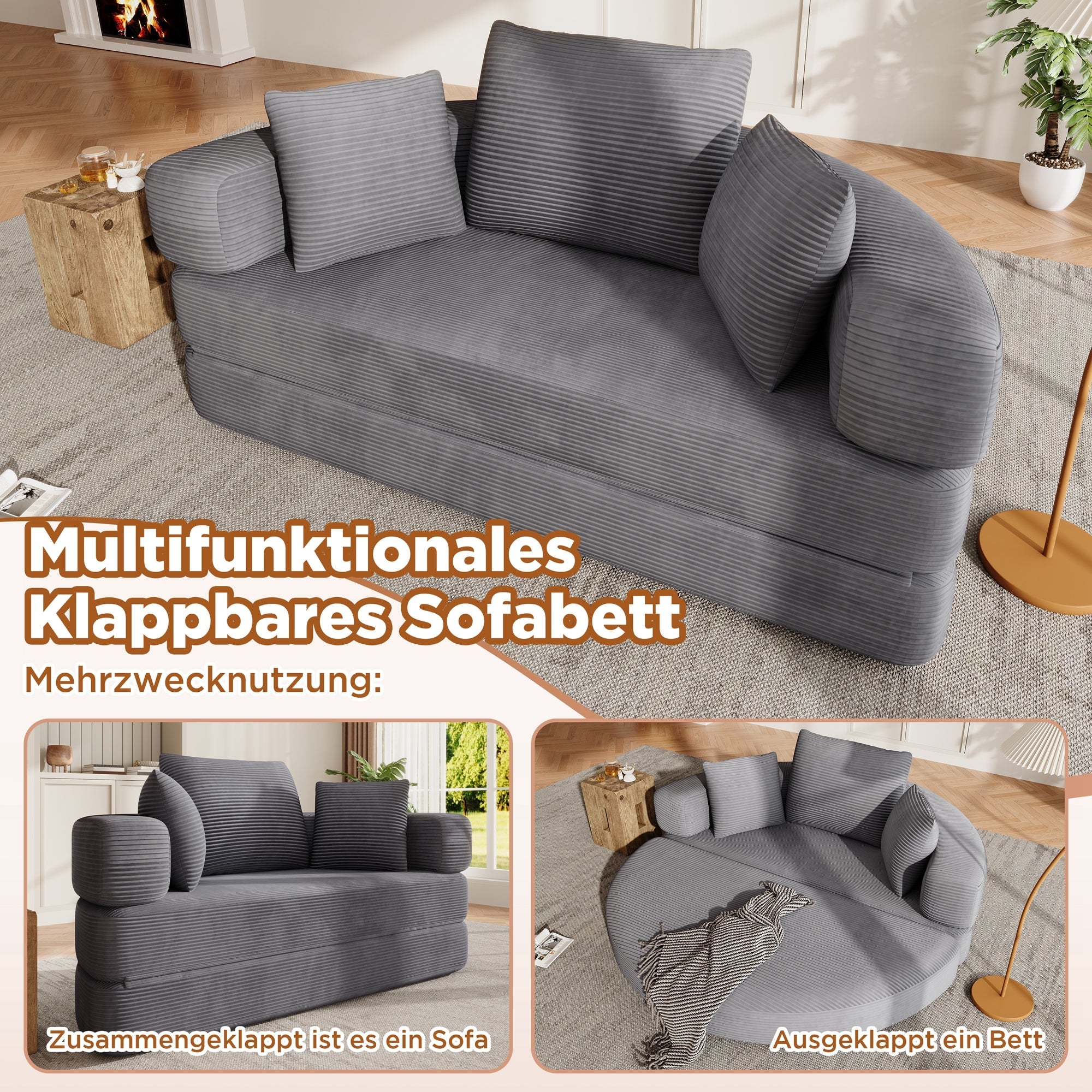 Multifunctional Sofa Bed, Fold-Out Oval Couch (173x176cm), Corduroy