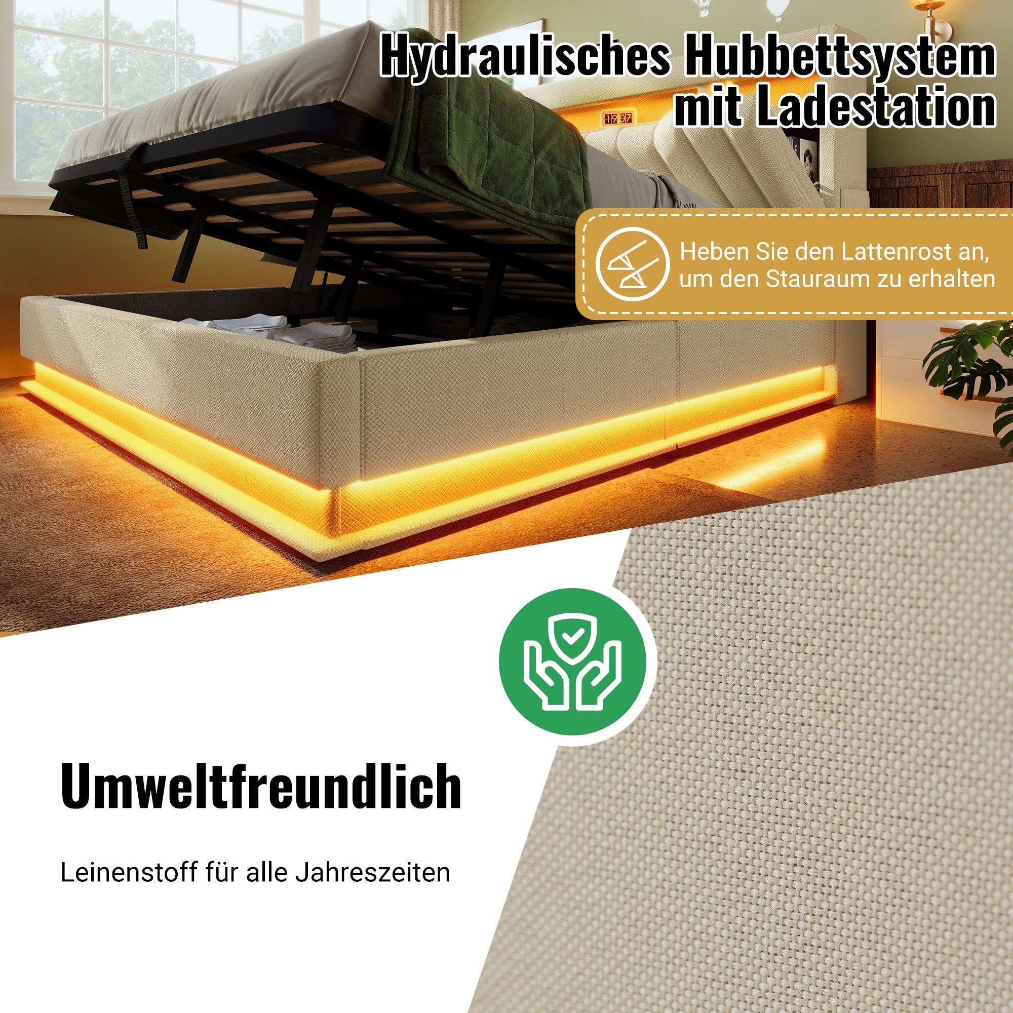 Upholstered Double Bed with Hydraulic Storage, USB, Type-C and LED Lighting, 140x190cm, Beige Linen