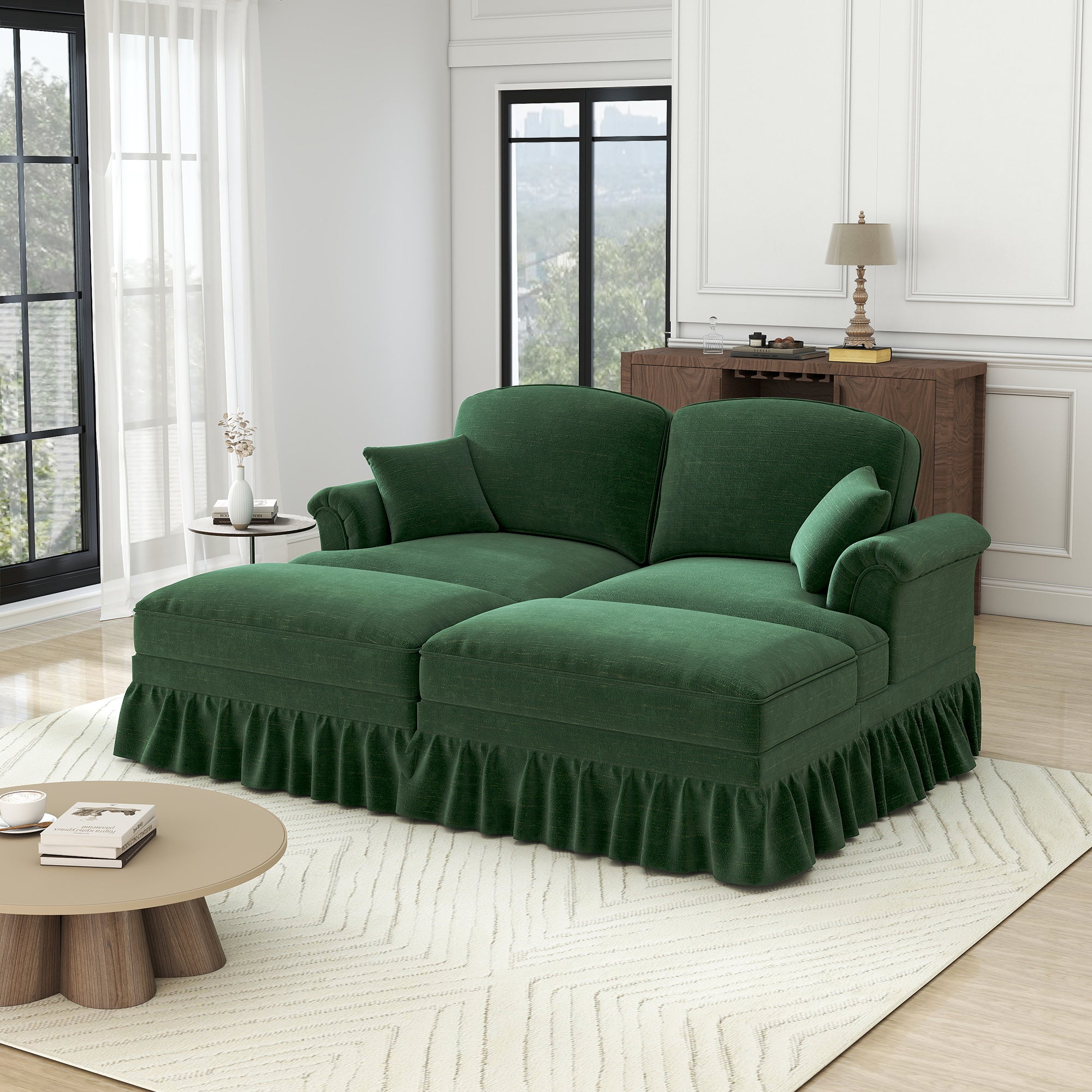Classic Modular 2-Seater Sofa Movable Ottoman Funnel Armrests Chenille Green
