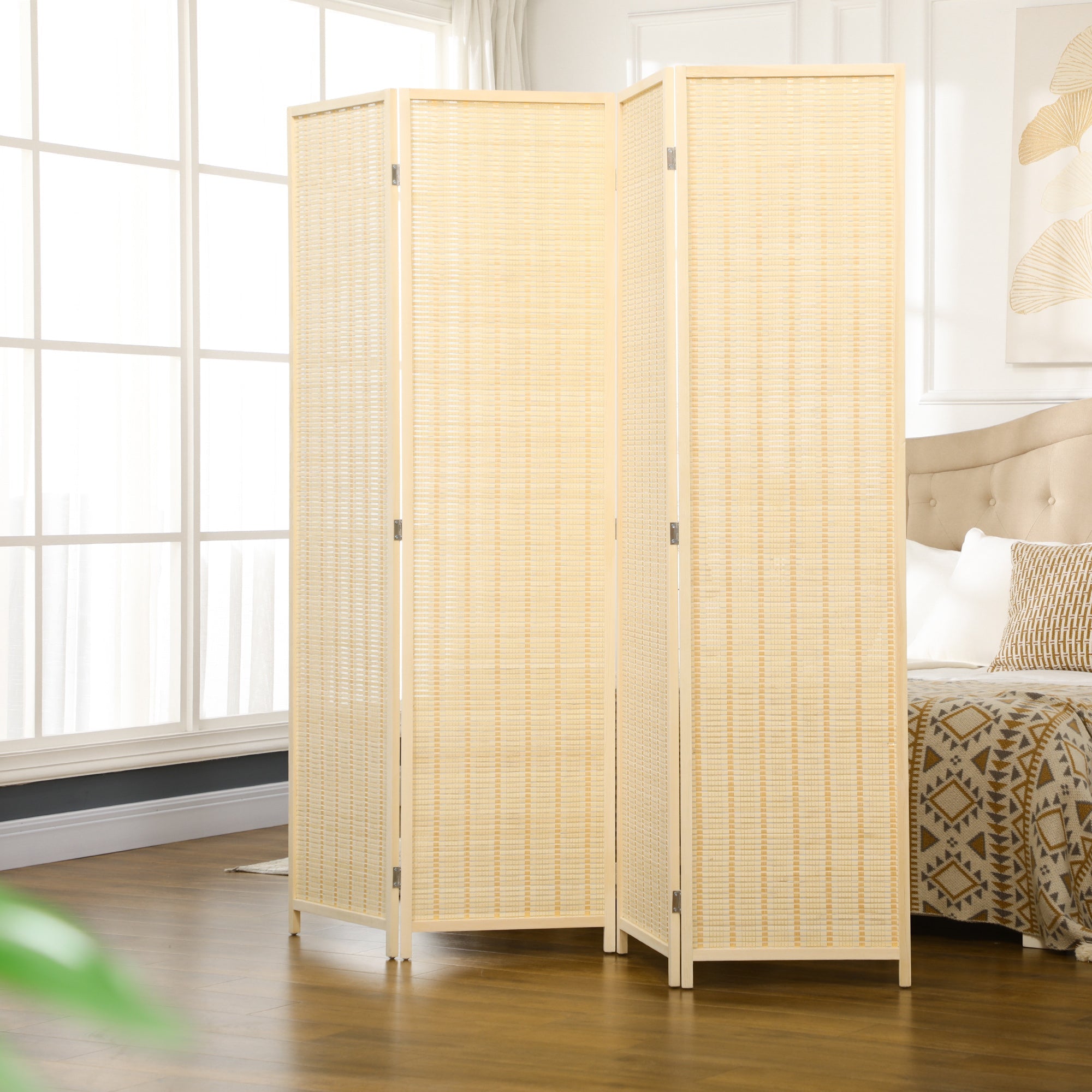 Folding Screen 4-Panel 180x180cm Room Divider, Bamboo Natural