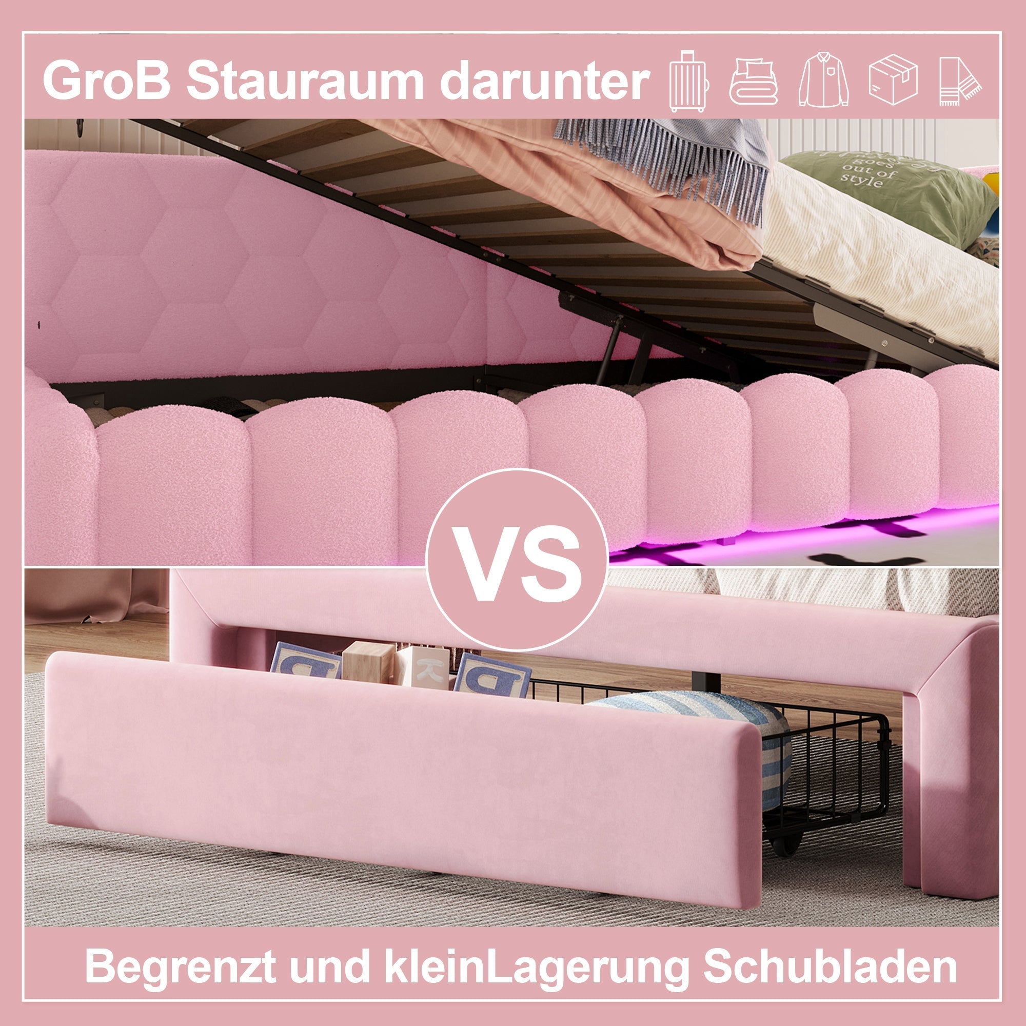 Daybed with LED Light, Hydraulic Storage and USB Charging, Pink Imitation Fleece