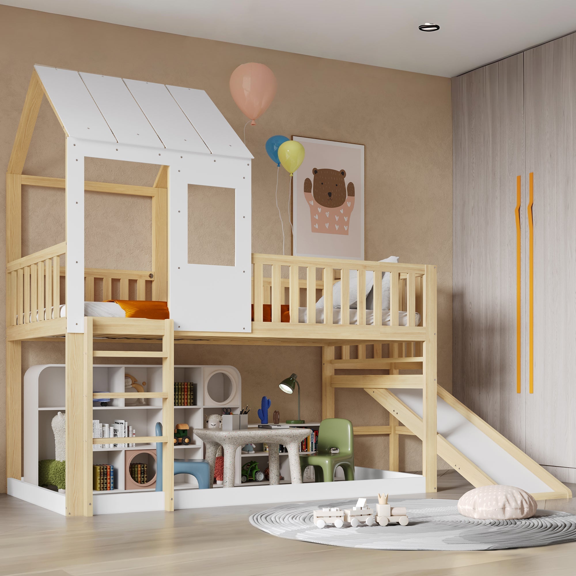 High Sleeper Bed with Slide, Roof, & Storage, 3ft Single, Pine/MDF, White/Wood Colour