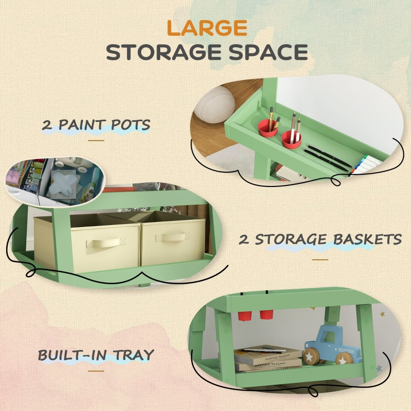 3 in 1 Kids Easel Double-Sided Magnetic Whiteboard Chalkboard with Paper Roll and Storage Baskets, Green Engineered Wood