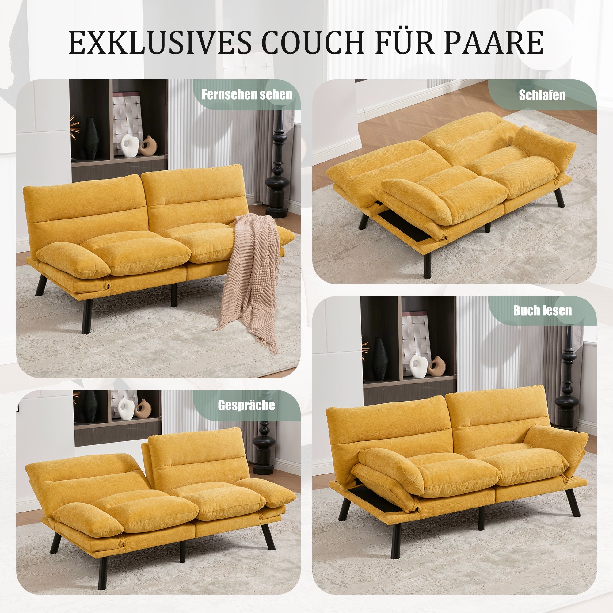 Two-Seater Sofa Ergonomic Adjustable Metal Legs, Chenille