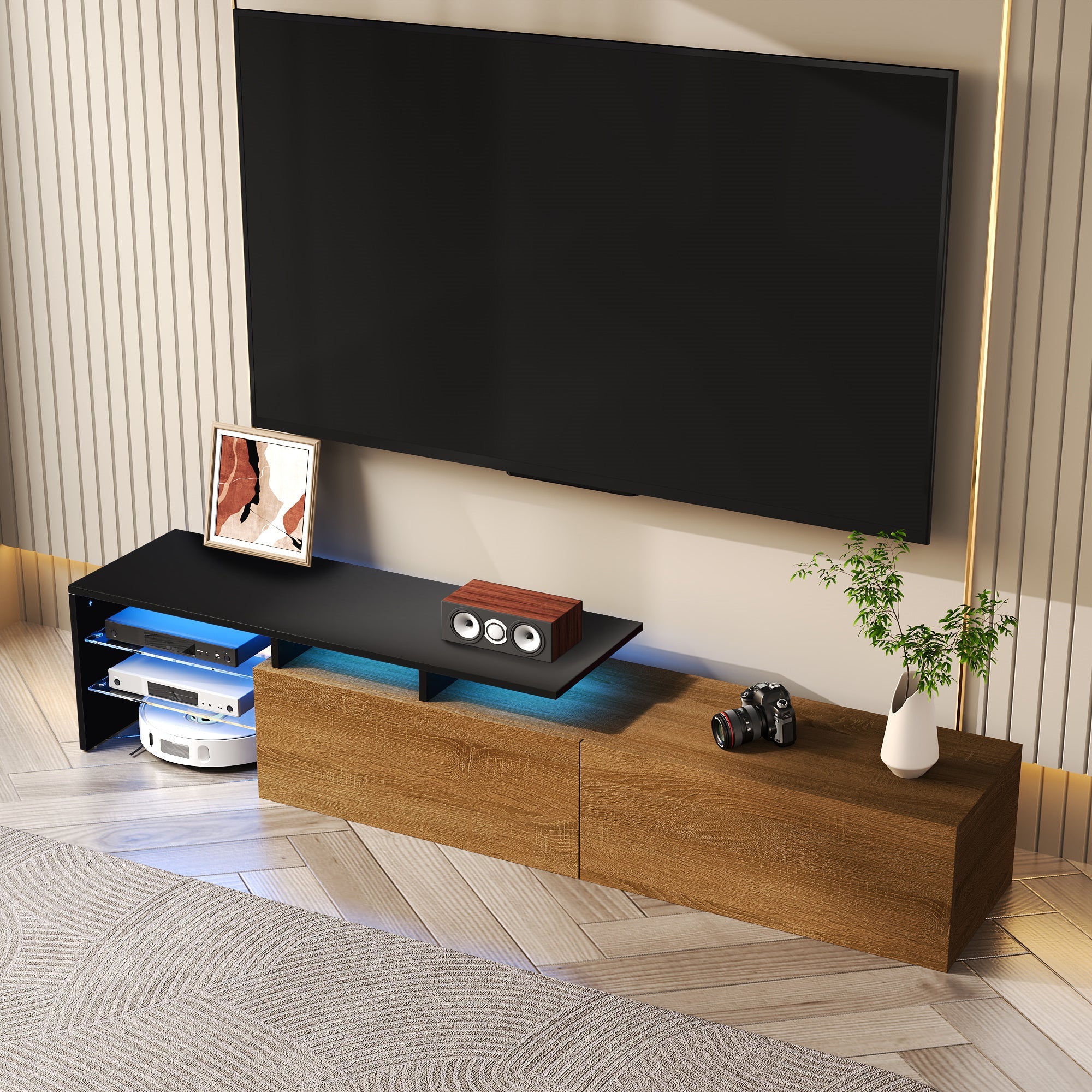 TV Cabinet: Modern, Elegant, Practical Storage, Black Wood Look, Glass, LED
