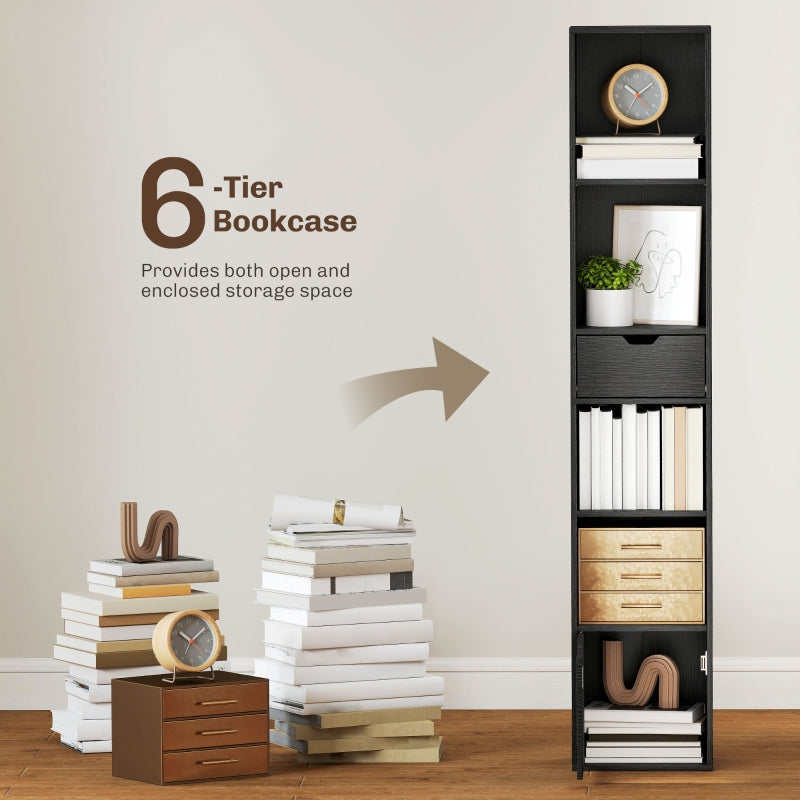 6-Tier Bookcase Narrow Shelves with Drawer and Door - Black