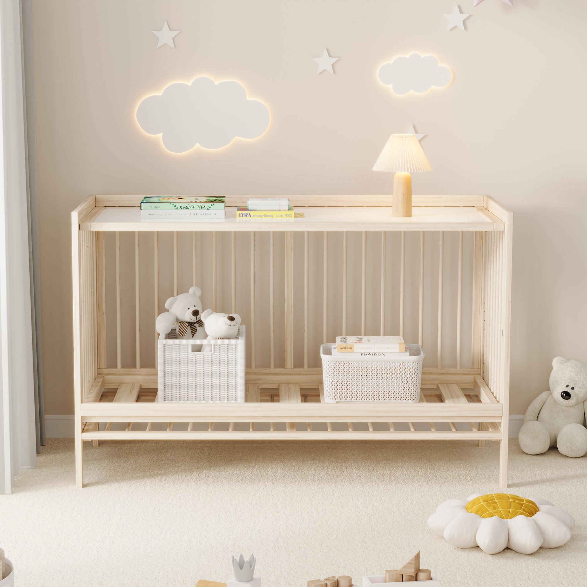 Wooden Baby Bed, Multifunctional Convertible Side Bed/Desk, Spruce, Natural Color