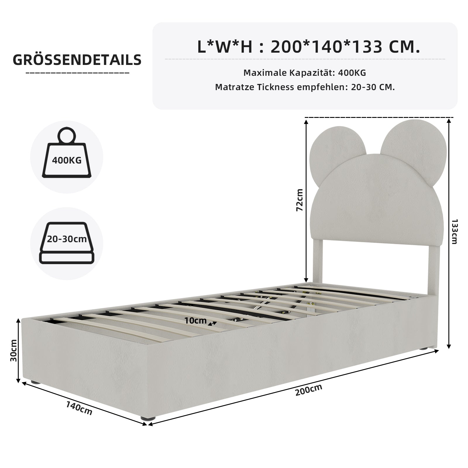 Upholstered Bed, Modern Minimalist Cartoon Headboard, 140x200 cm, Gas Lift Storage, Beige