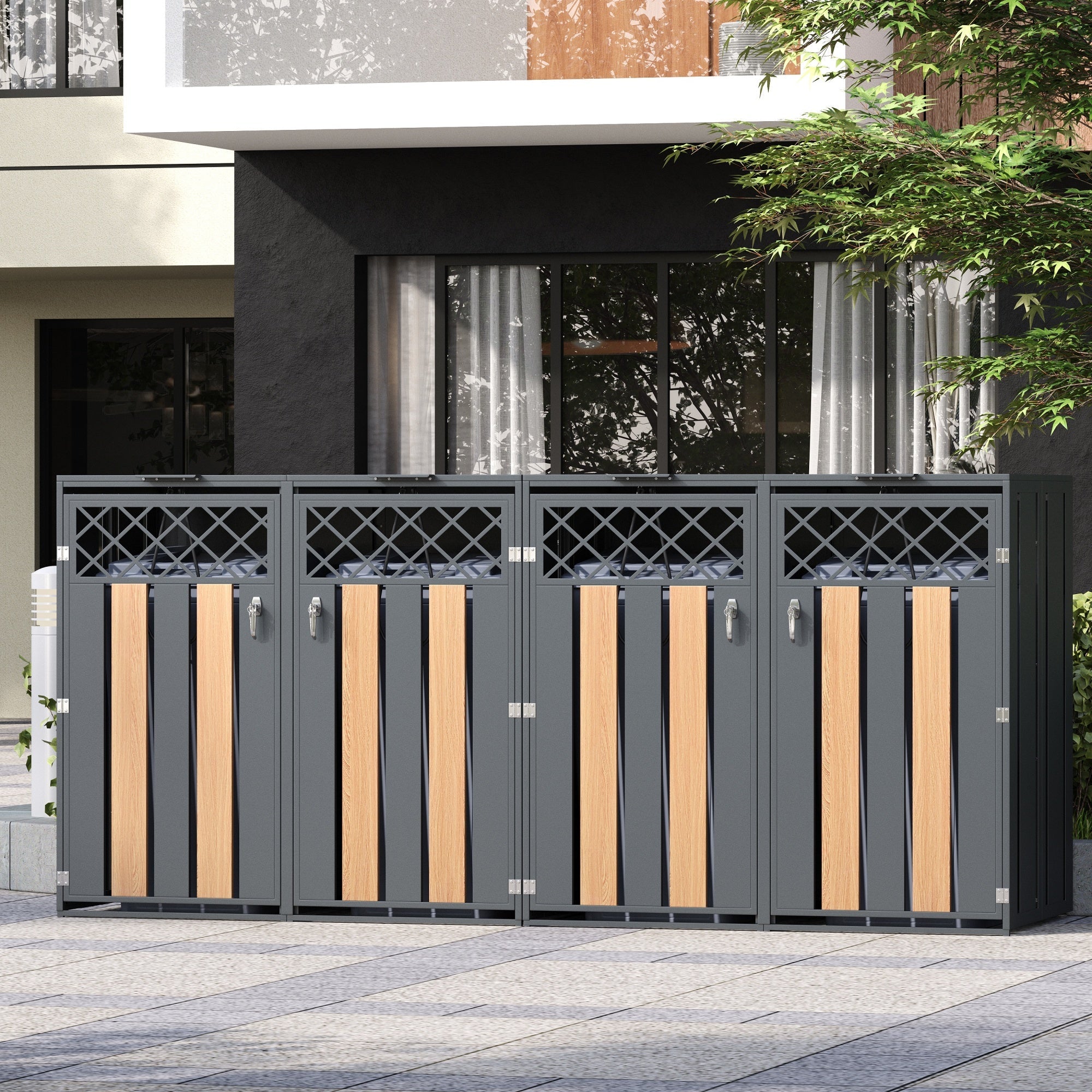 Garbage Can Storage Box with Hinged Lid and Lockable Double Doors, Metal