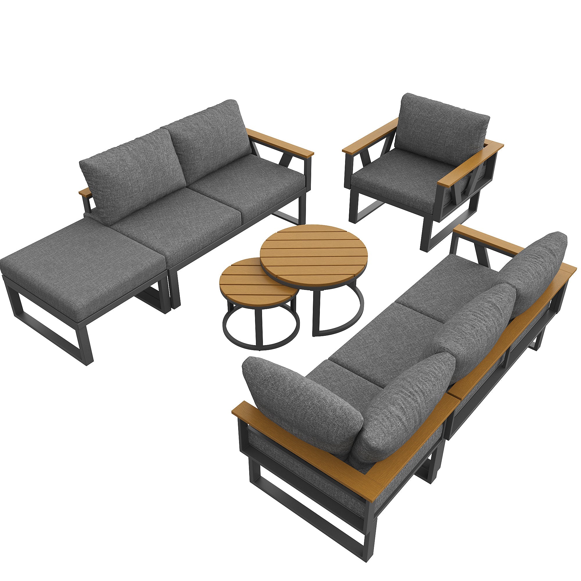 Modular Outdoor Seating Set with 9cm Cushions and 2 Wooden Tables, Grey/Beige