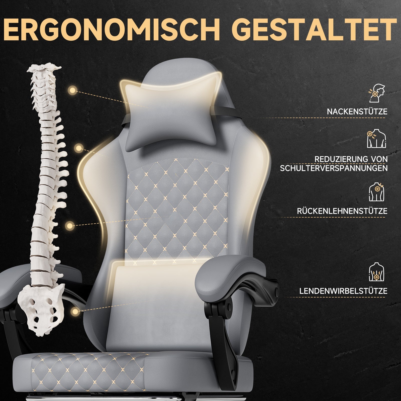Gaming Chair Ergonomic Massage Footrest 150kg, Grey PVC Leather