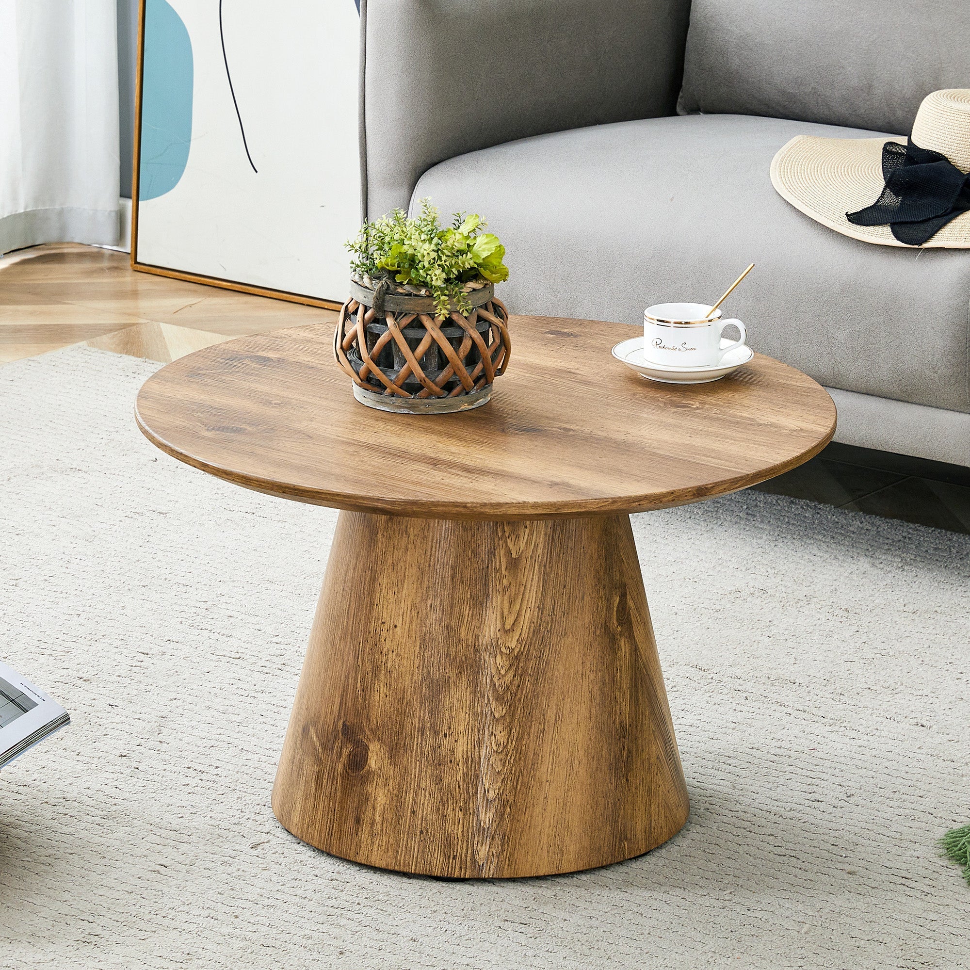 Set of 2 Round Coffee Tables, High and Low Nesting Stool Side Tables, Natural Wood Look MDF