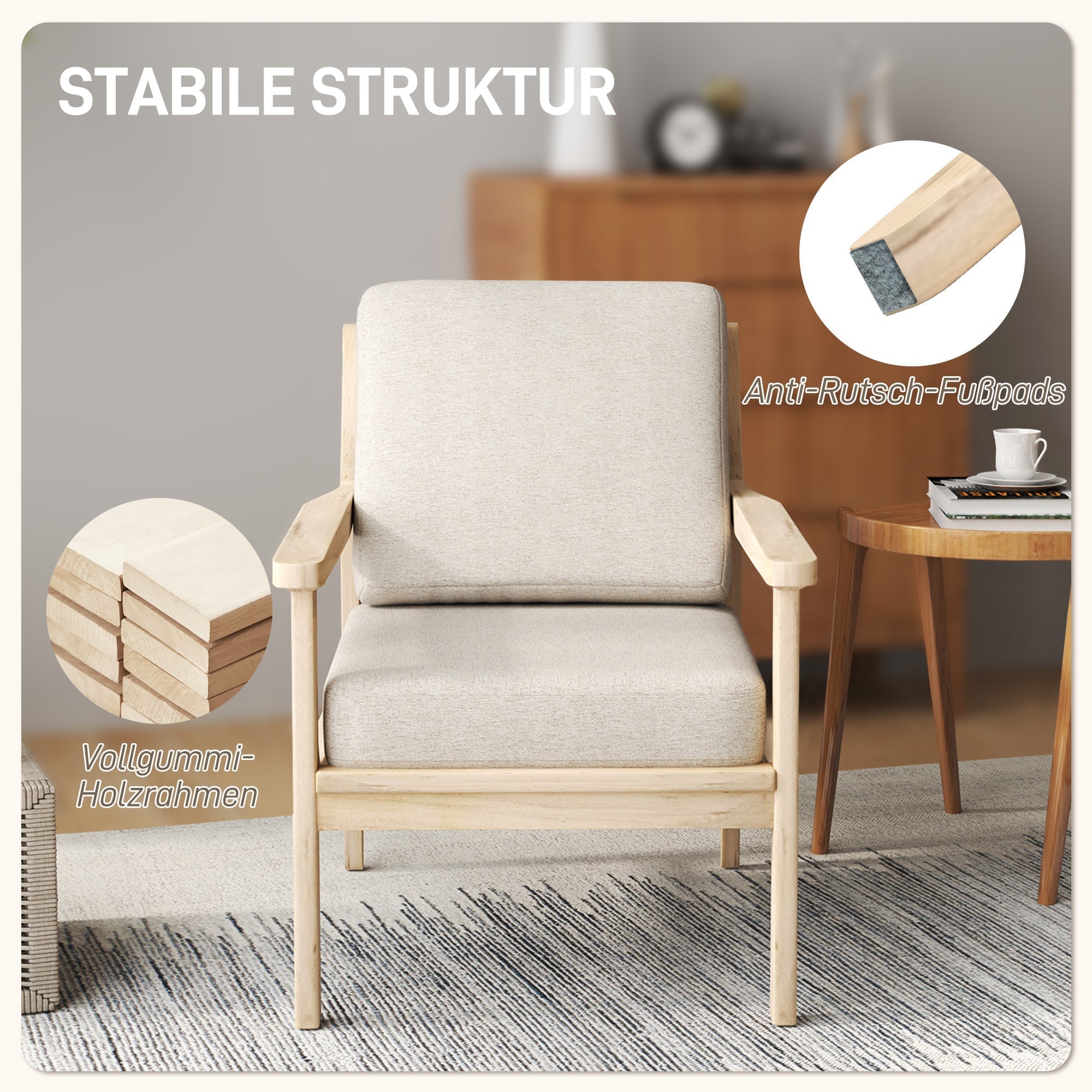 Armchair Lounge Chair, Padded, Removable Cushions, Wooden Legs, Beige