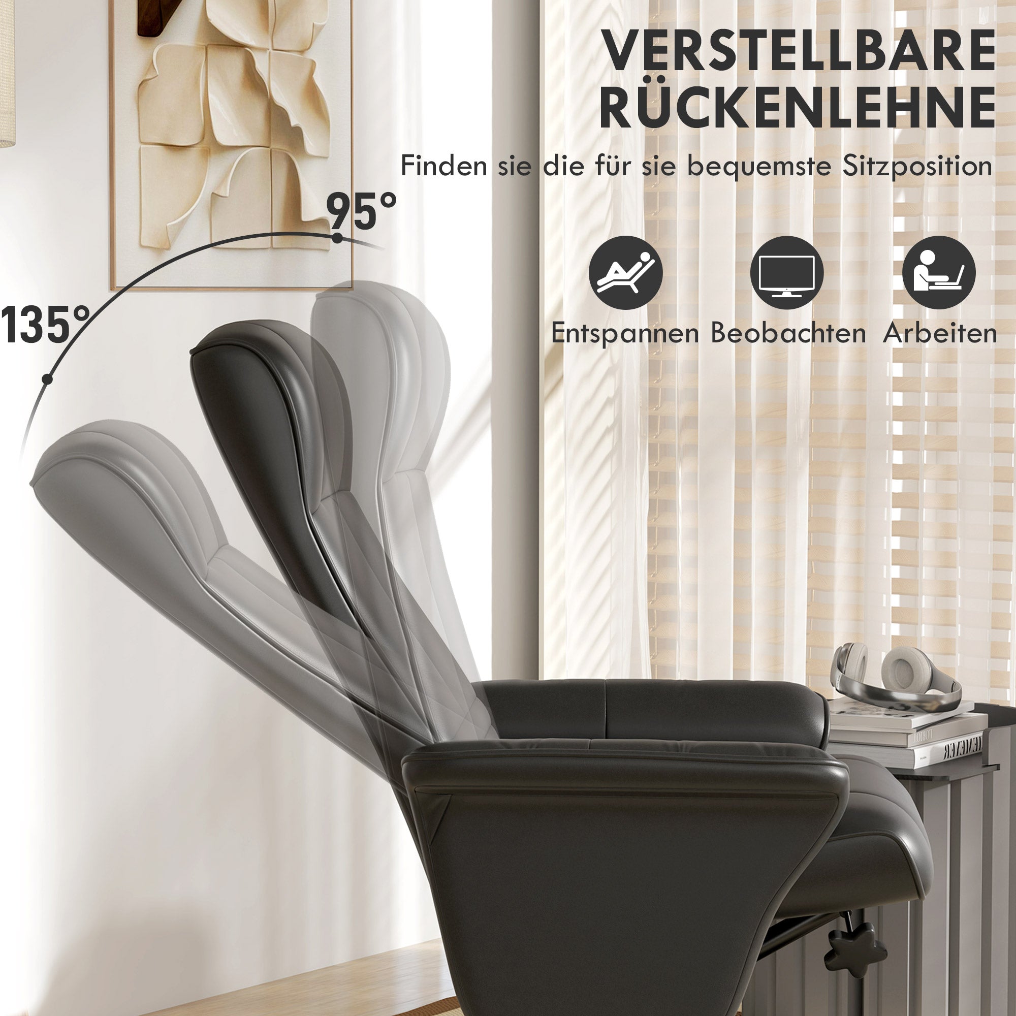 Fernsehsessel mit Fußhocker, drehbar, 150 kg belastbar, Mikrofaser, Schwarz
