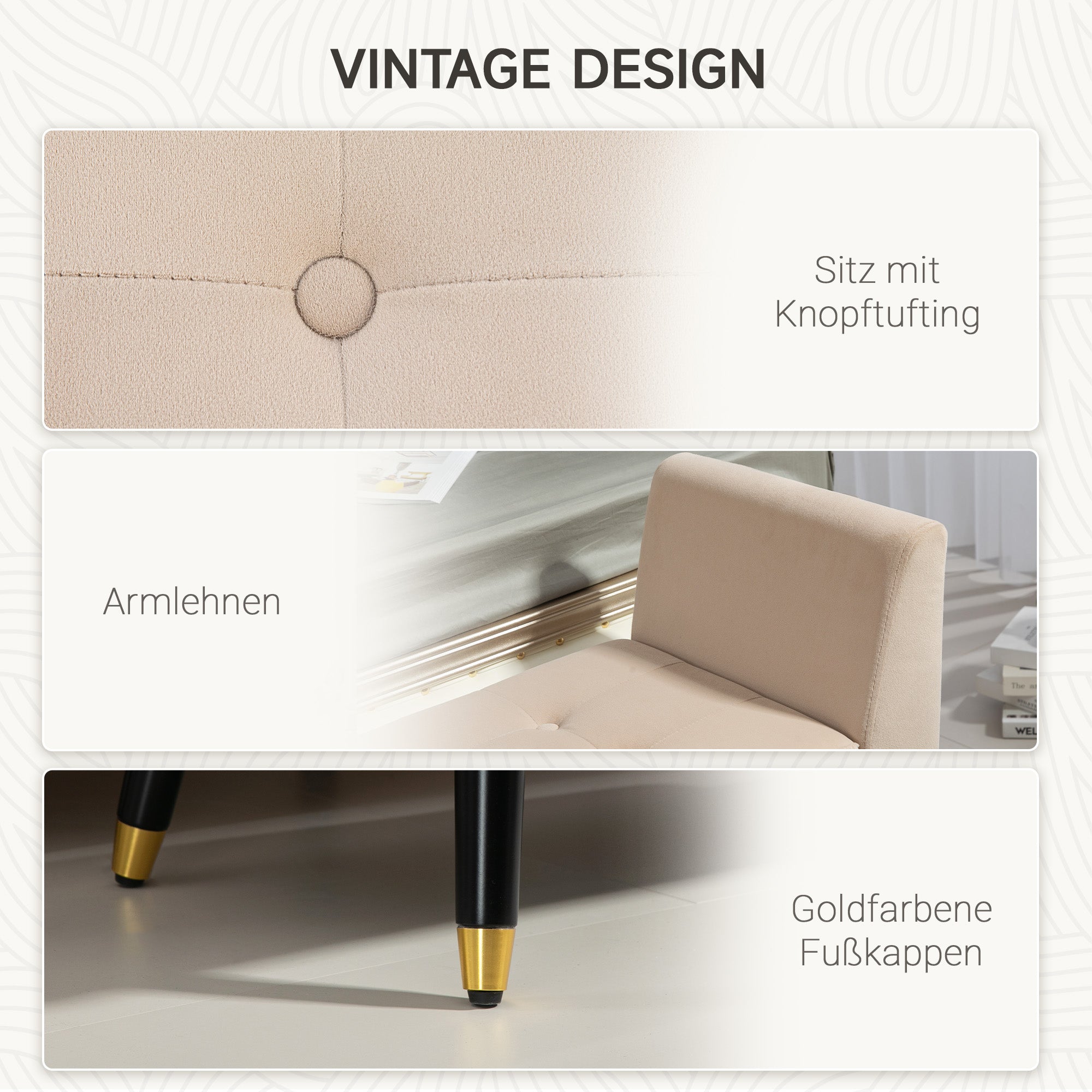 Luxury Upholstered Bench with Storage Armrests Chest Beige