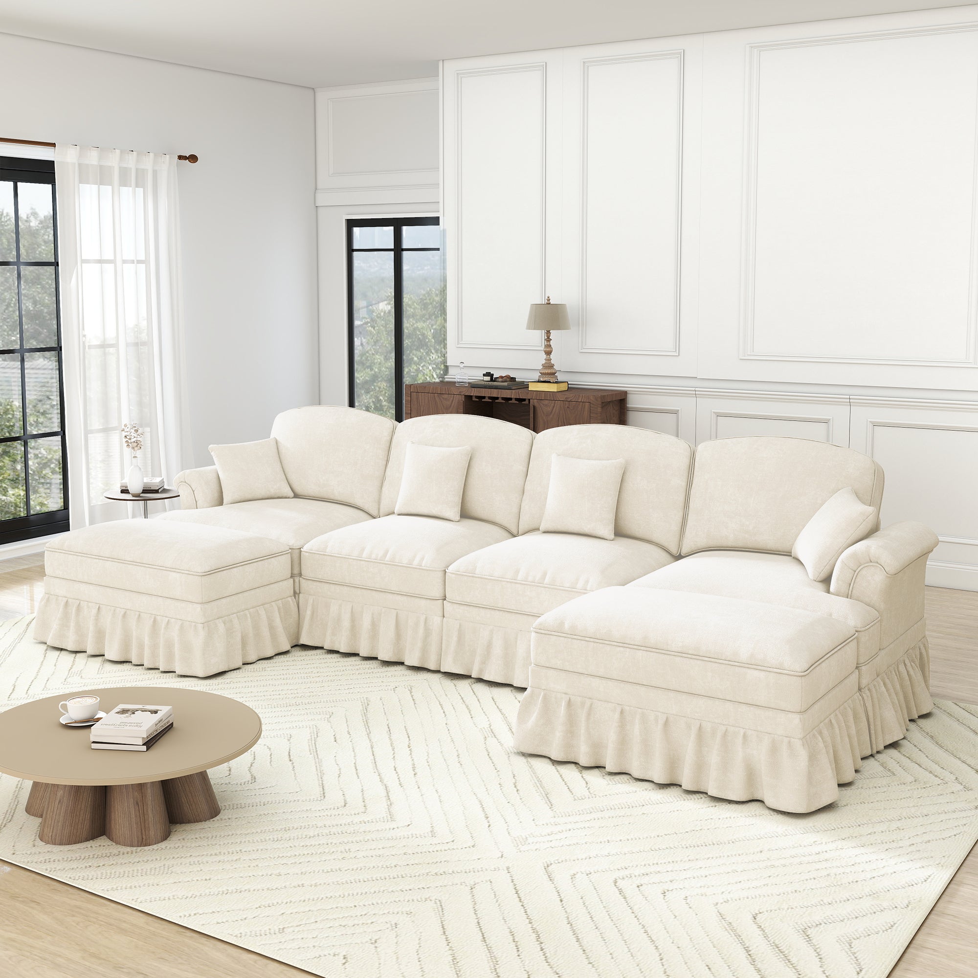 Modular U-Shaped Sofa 4-Seater Movable Ottoman Removable Apron - White Chenille