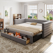 3-in-1 Upholstered Sofa Bed, Extendable with Drawers and Slatted Base, Grey Cotton and Linen