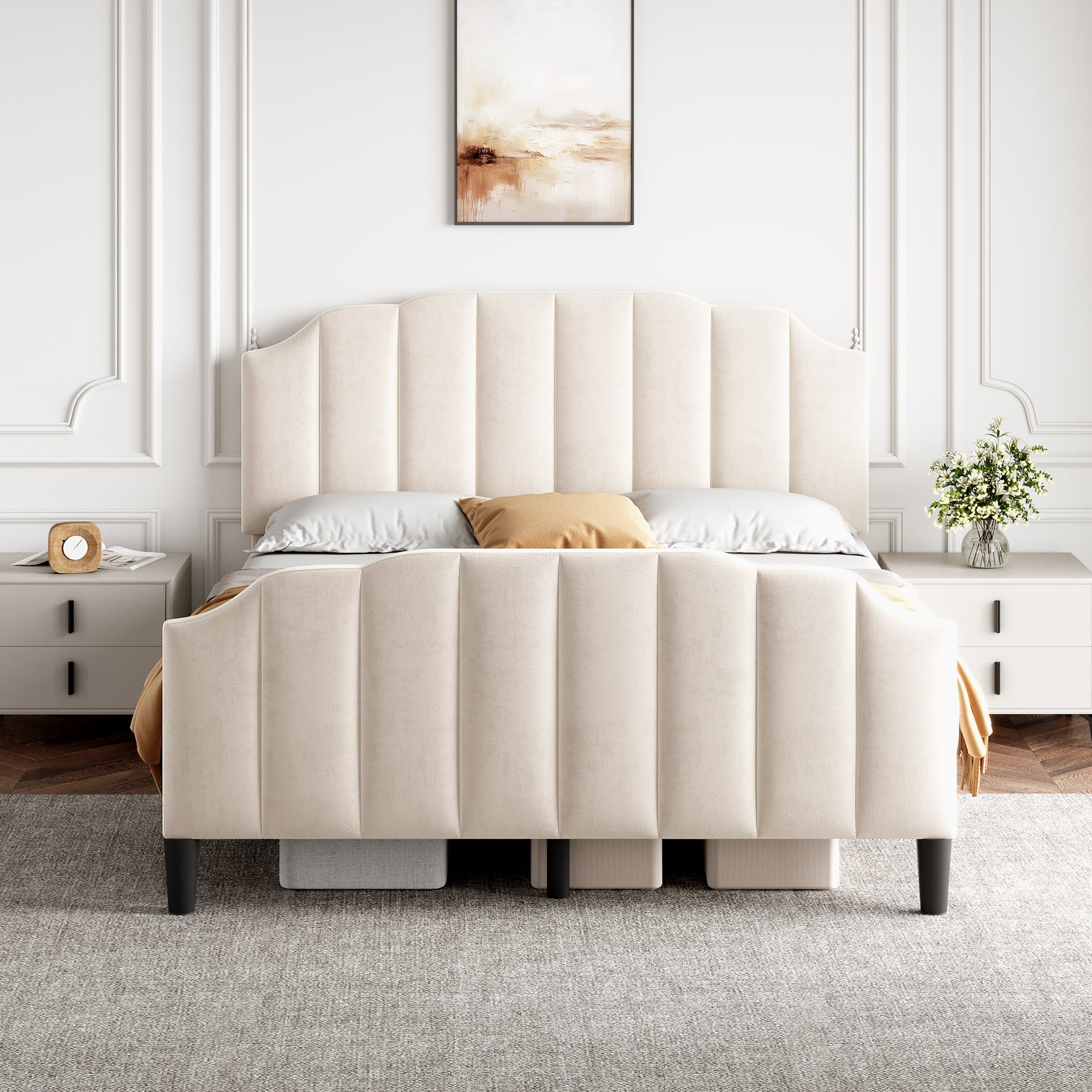 4ft6 Double Upholstered Bed Frame with Adjustable Channel-Tufted Headboard and Solid Wood Slat, Velvet Beige