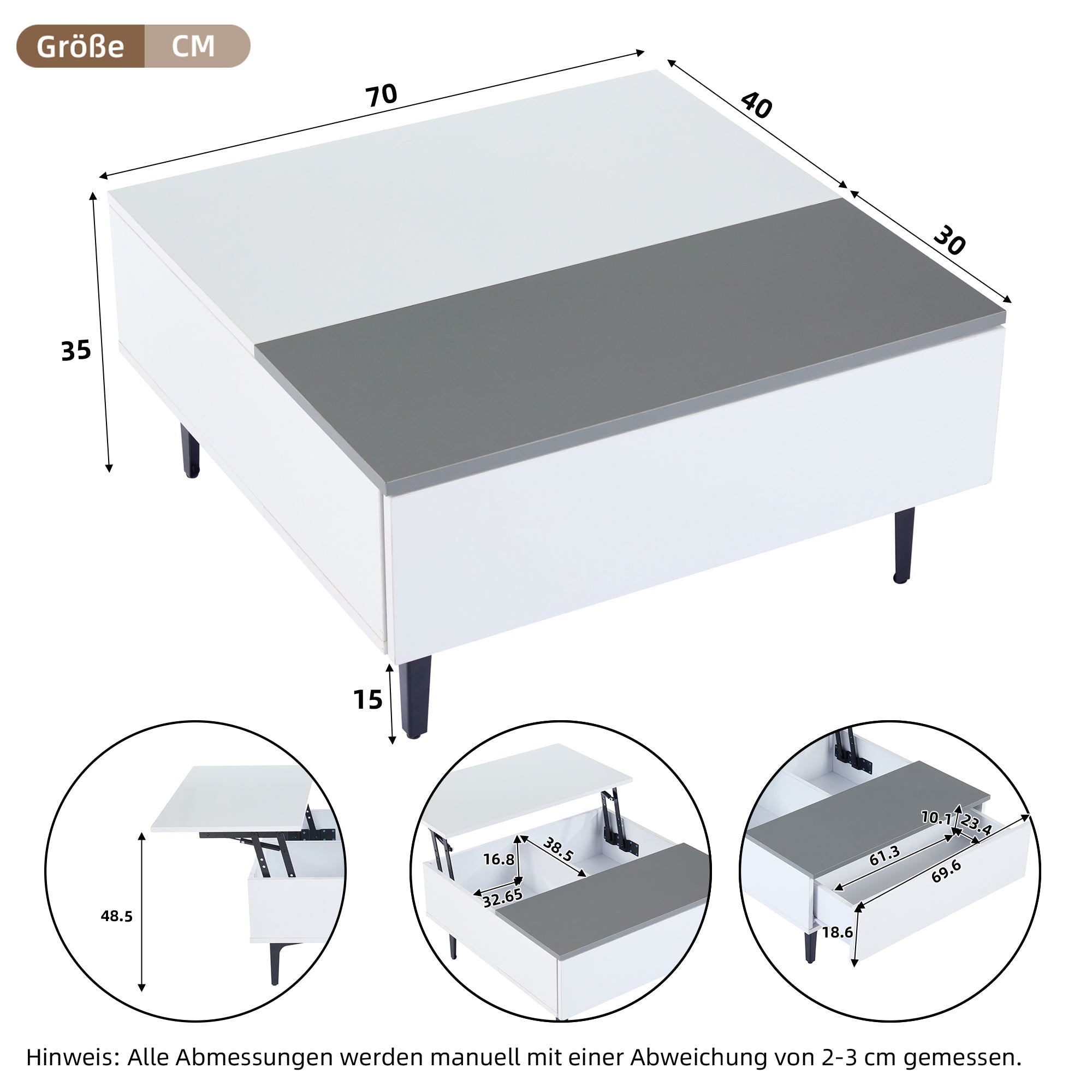 Coffee Table, Height-Adjustable with Hidden Storage and Shelves, White High-Gloss