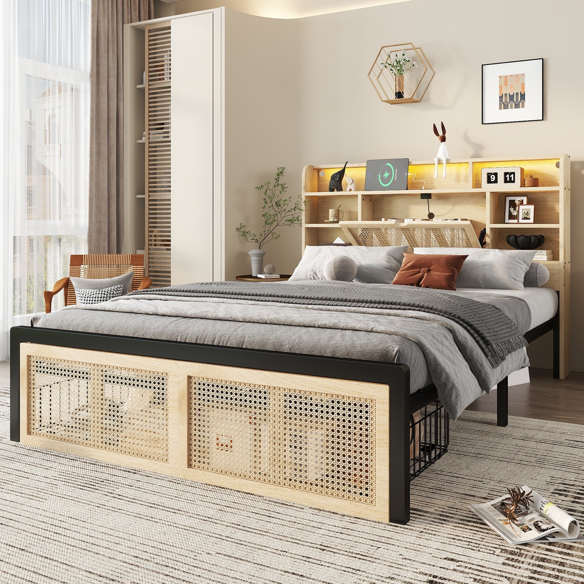 Wooden Bed, Charging Port, LED Strip Light, 4ft6 Double, Wood Colour